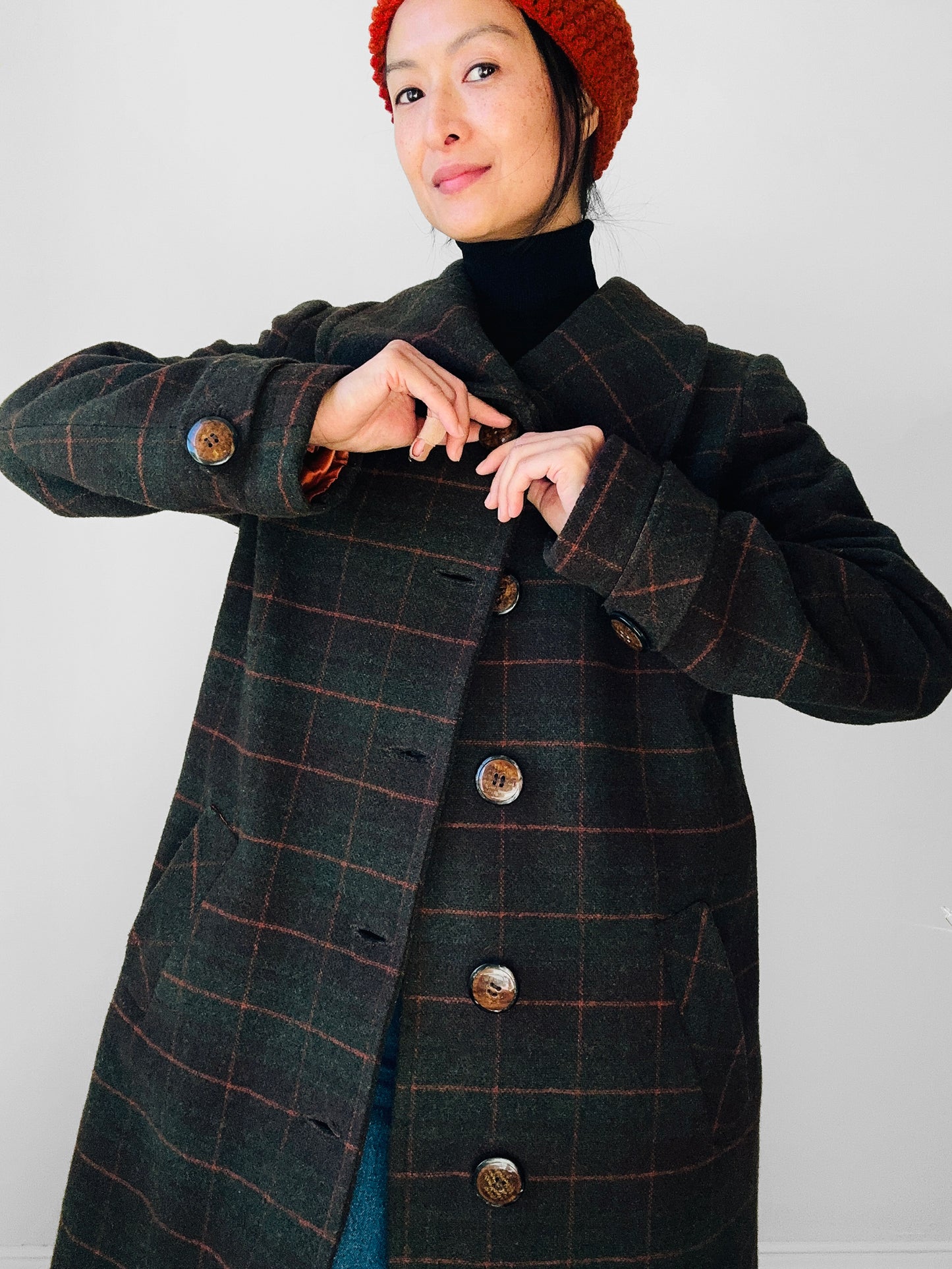 1960s Green and Burnt Orange Plaid Wool Belted Coat - Sz. Small