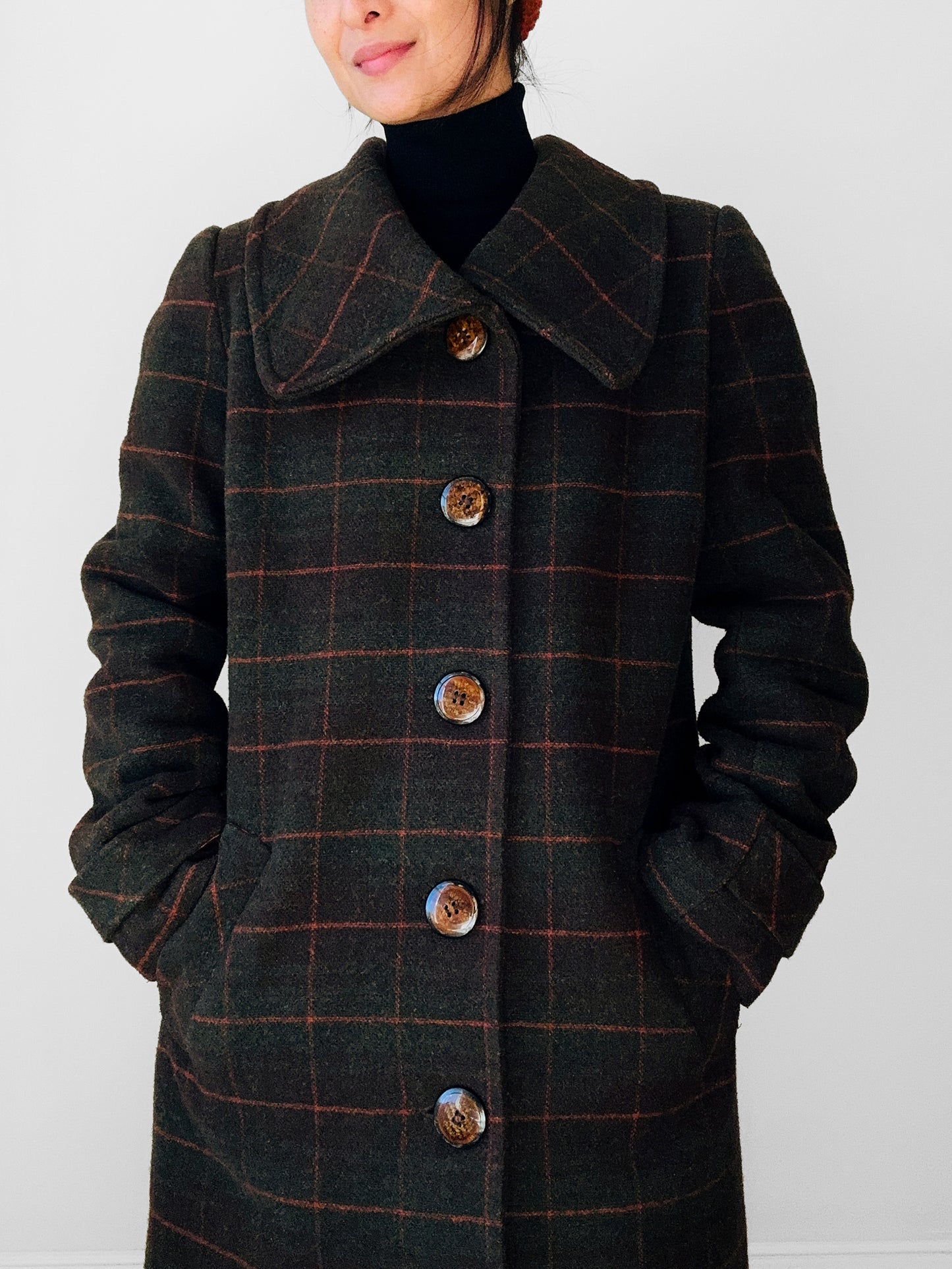 1960s Green and Burnt Orange Plaid Wool Belted Coat - Sz. Small