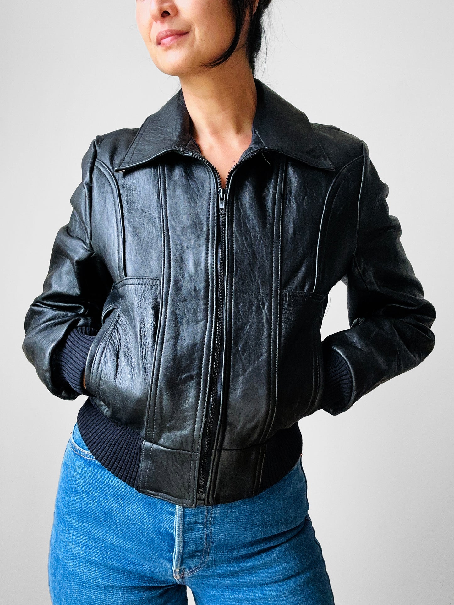 Y2K Does 70s Black Short Waisted Zip Front Leather Biker Jacket - Sz. Sm