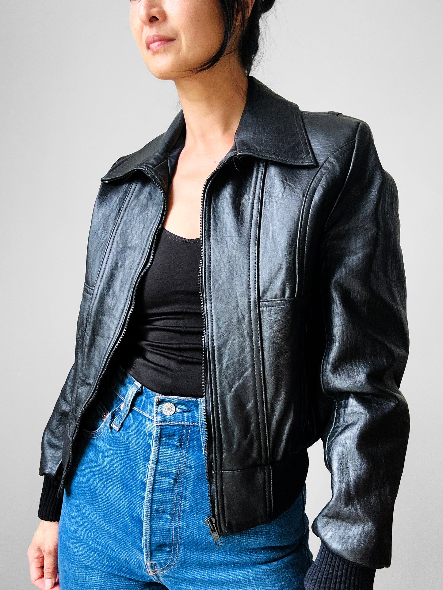 Y2K Does 70s Black Short Waisted Zip Front Leather Biker Jacket - Sz. Sm