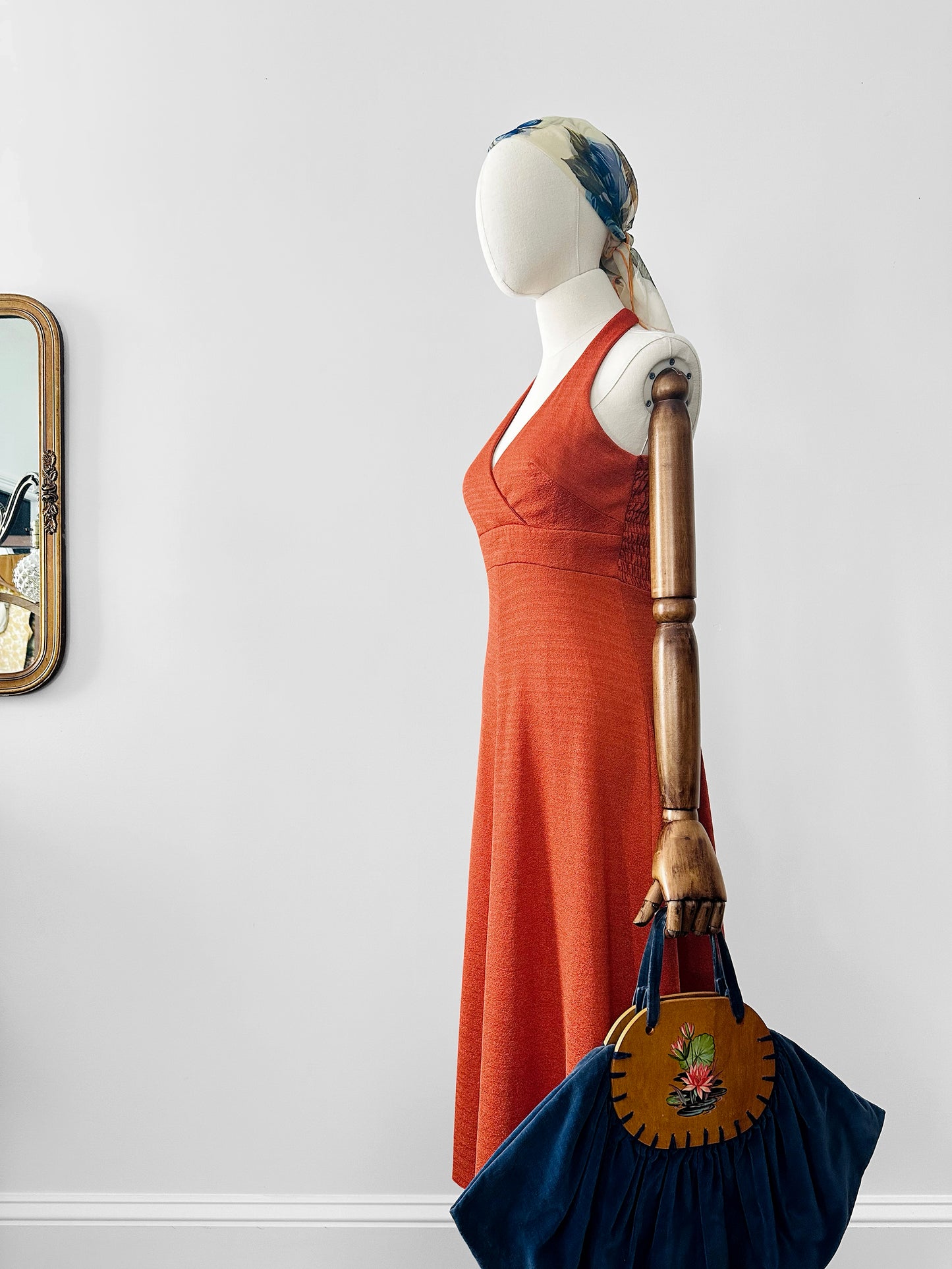 Vintage 1970s Burnt Tangerine Midi-Length Halter Dress - Sz. S/M