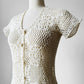 1970s Cream Floral Crochet Knit Button Front Short Sleeve Top - Sz. S