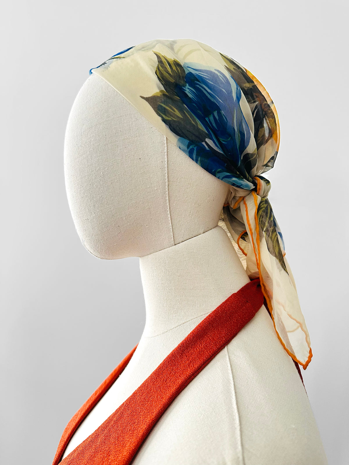Vintage 1960s Blue and Mustard Orange Floral Sheer Scarf Kerchief