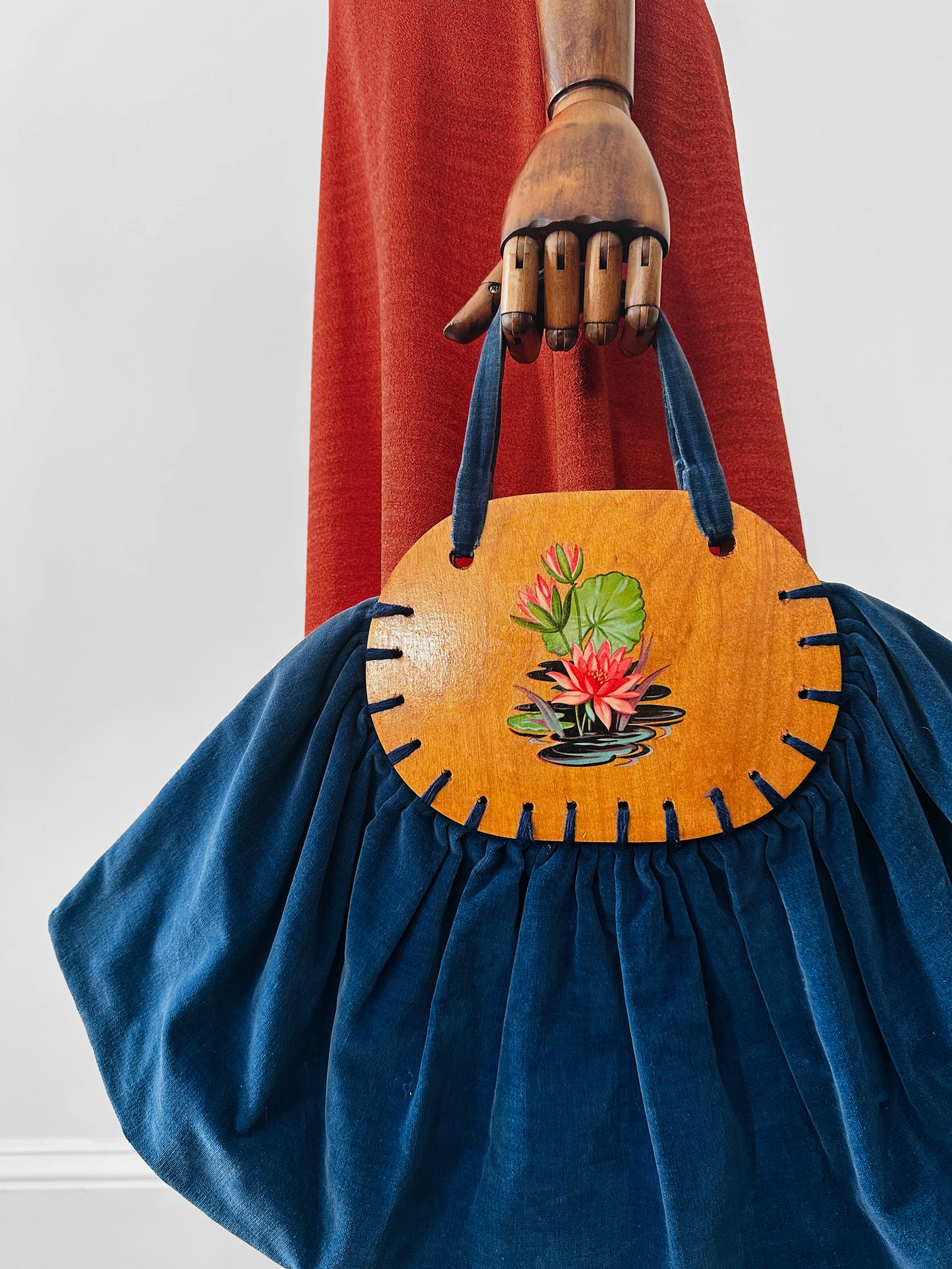 Vintage 1930s - 1940s Handmade Blue Velvet and Wood Floral Motif Frame Handbag