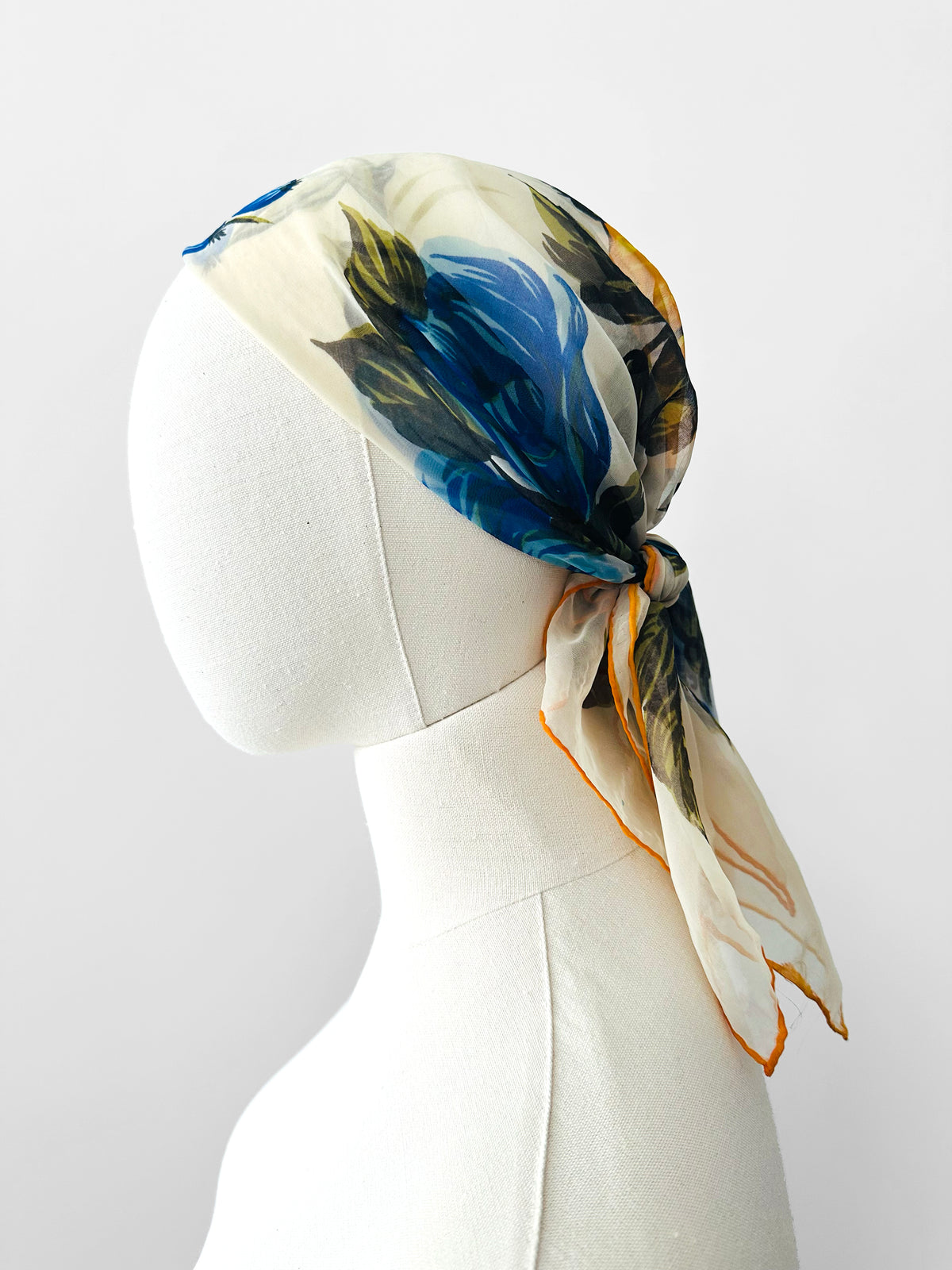 Vintage 1960s Blue and Mustard Orange Floral Sheer Scarf Kerchief