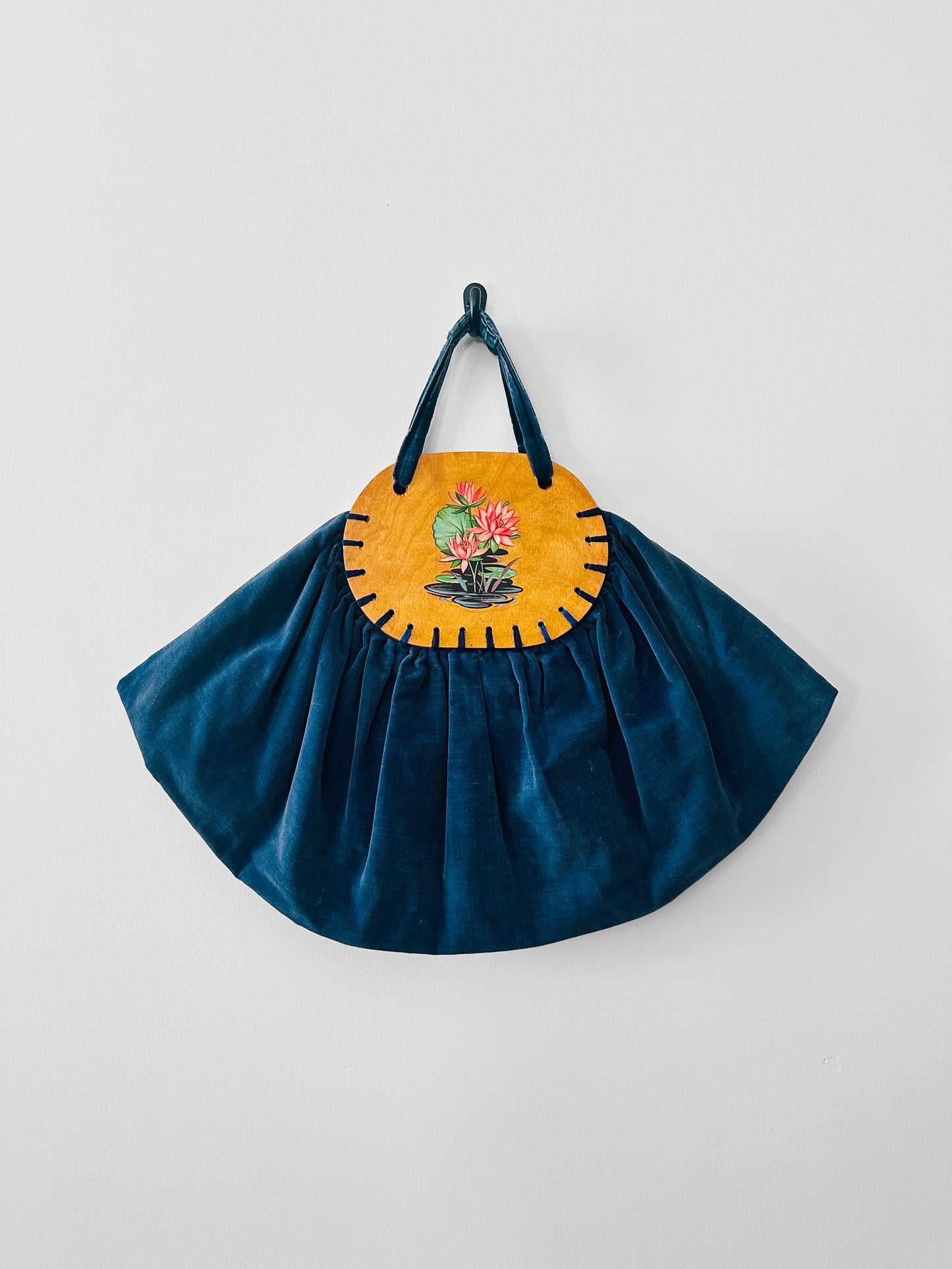 Vintage 1930s - 1940s Handmade Blue Velvet and Wood Floral Motif Frame Handbag