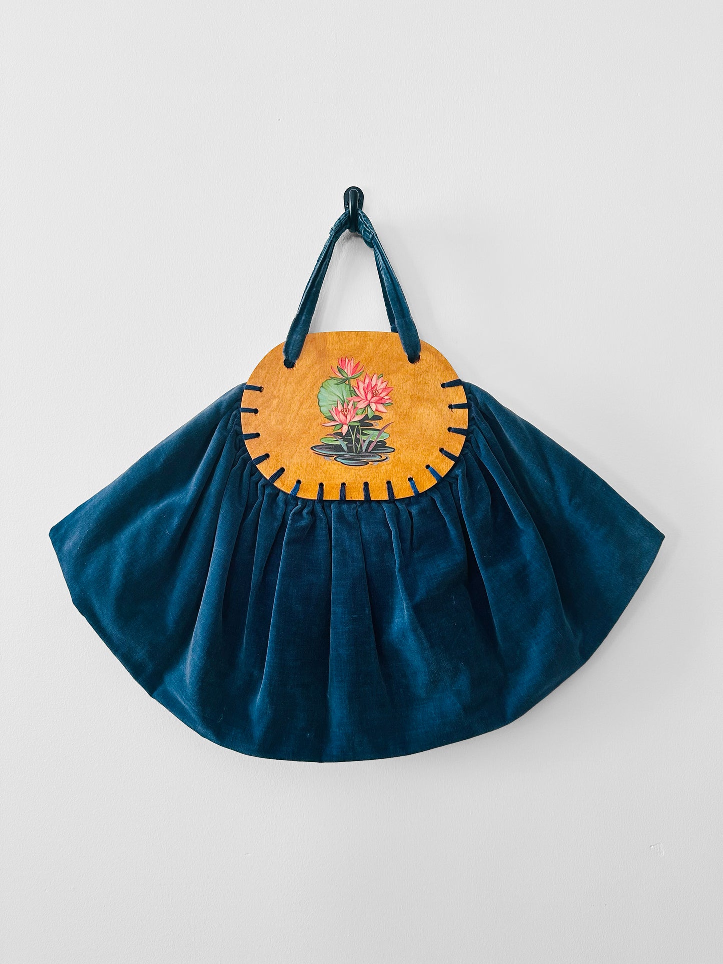 Vintage 1930s - 1940s Handmade Blue Velvet and Wood Floral Motif Frame Handbag