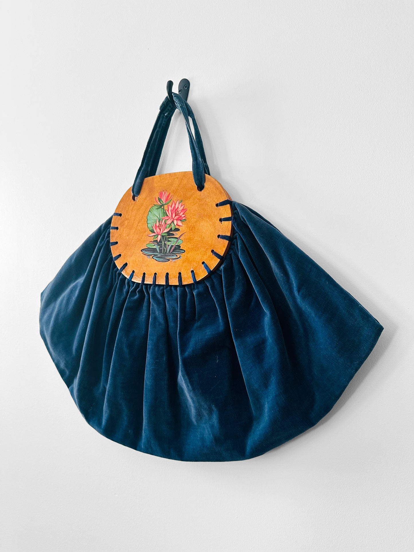 Vintage 1930s - 1940s Handmade Blue Velvet and Wood Floral Motif Frame Handbag