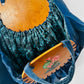 Vintage 1930s - 1940s Handmade Blue Velvet and Wood Floral Motif Frame Handbag