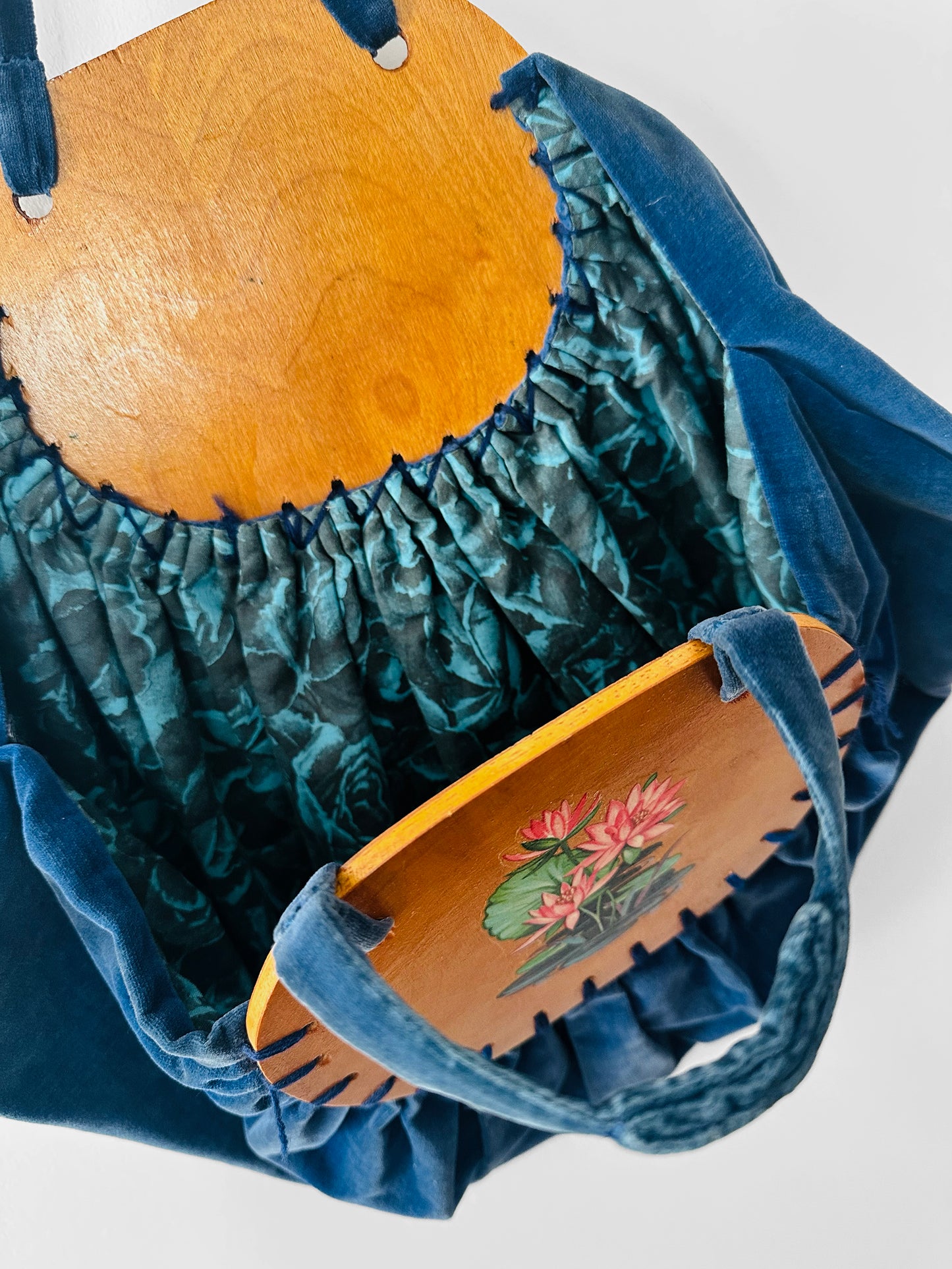 Vintage 1930s - 1940s Handmade Blue Velvet and Wood Floral Motif Frame Handbag