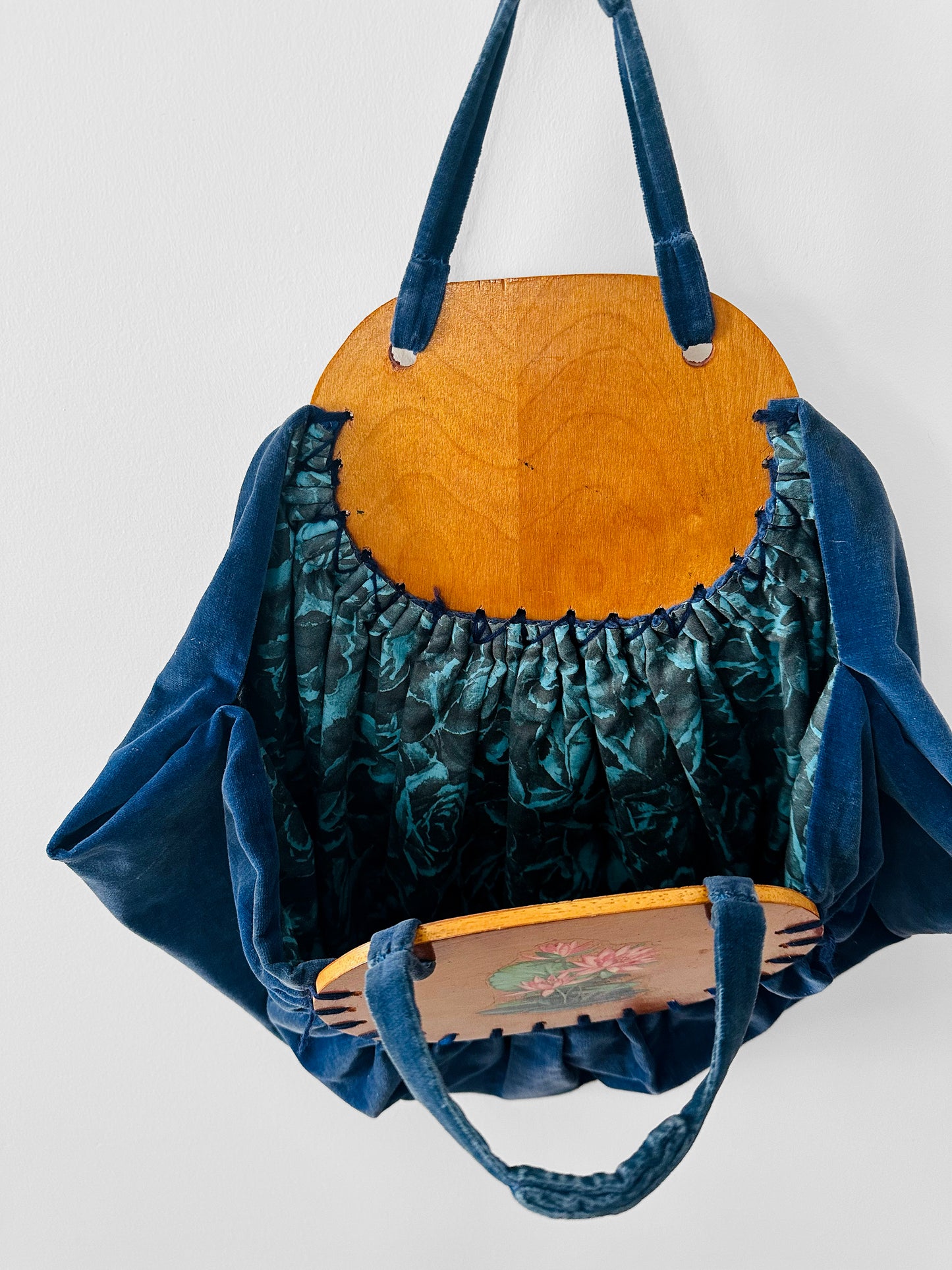 Vintage 1930s - 1940s Handmade Blue Velvet and Wood Floral Motif Frame Handbag