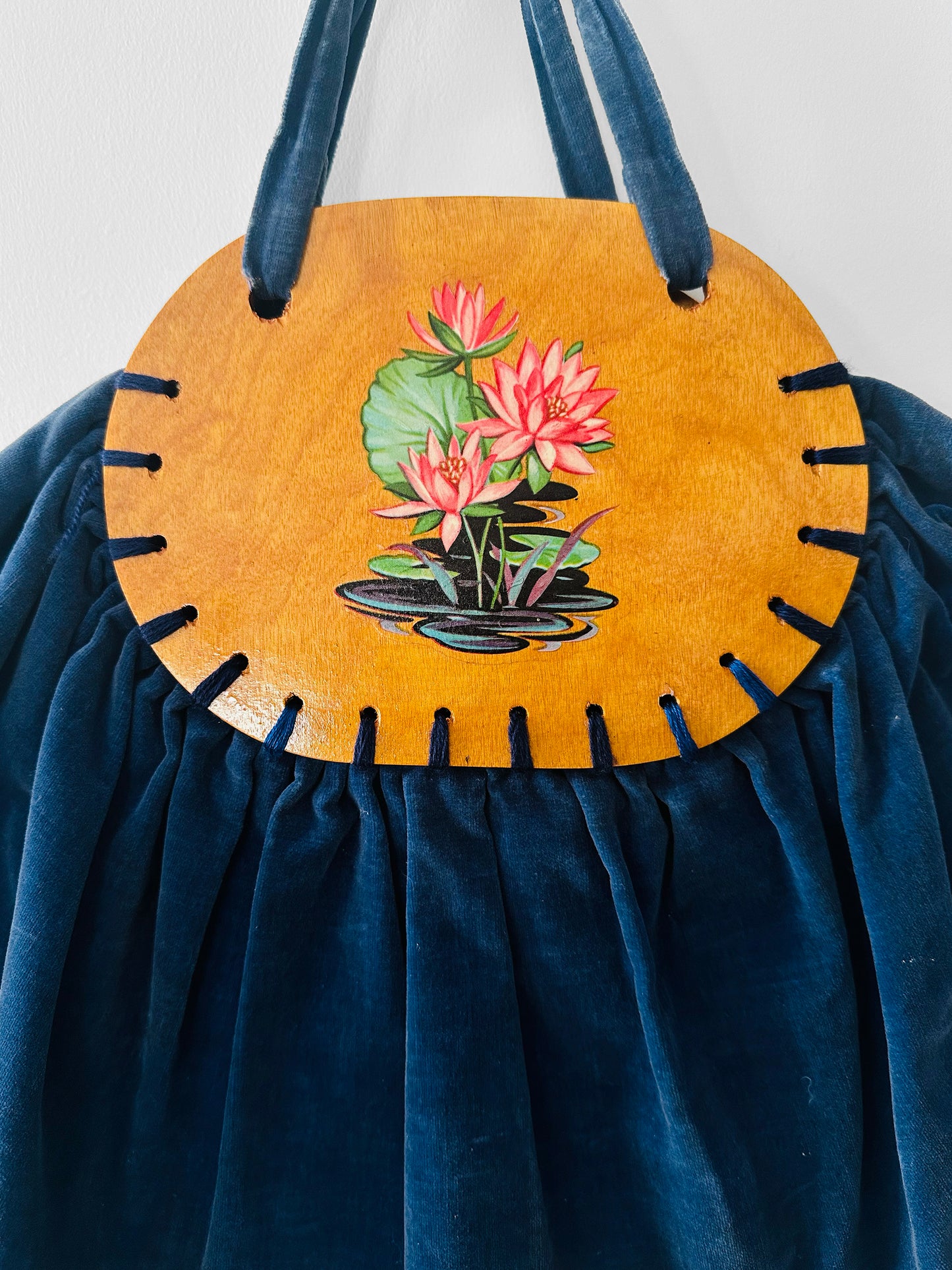 Vintage 1930s - 1940s Handmade Blue Velvet and Wood Floral Motif Frame Handbag