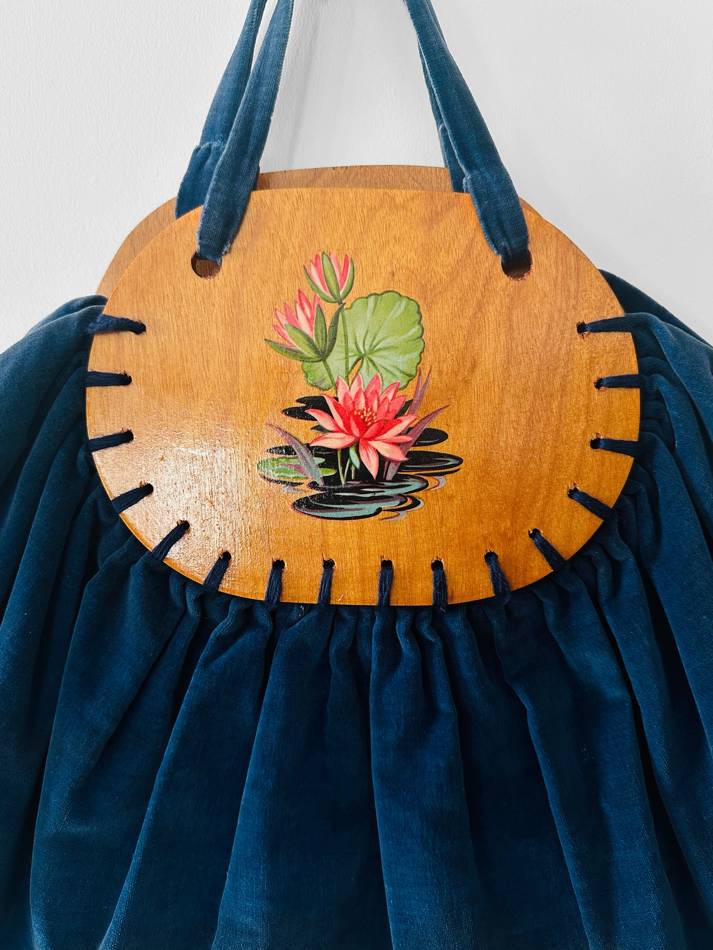 Vintage 1930s - 1940s Handmade Blue Velvet and Wood Floral Motif Frame Handbag
