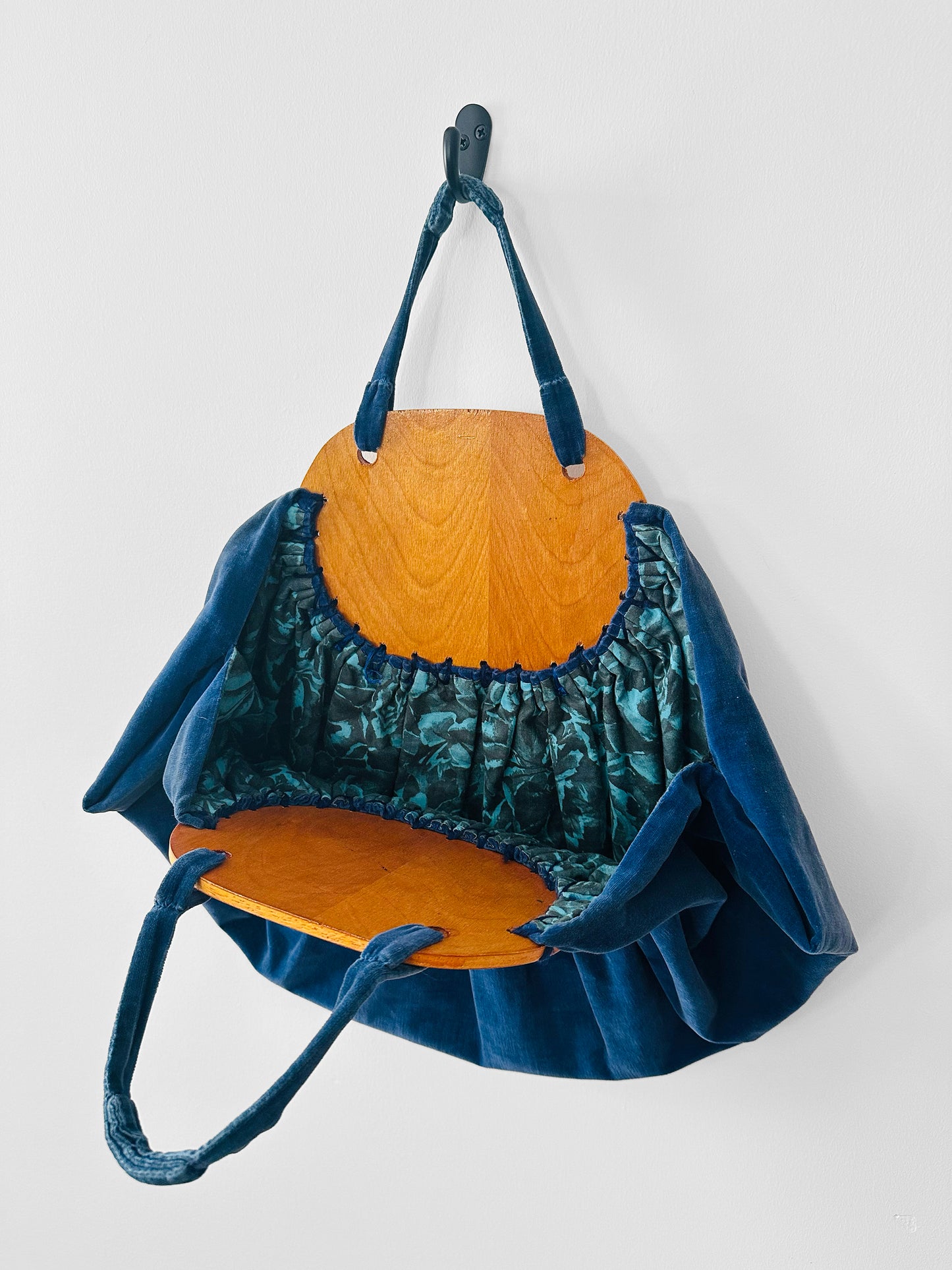 Vintage 1930s - 1940s Handmade Blue Velvet and Wood Floral Motif Frame Handbag