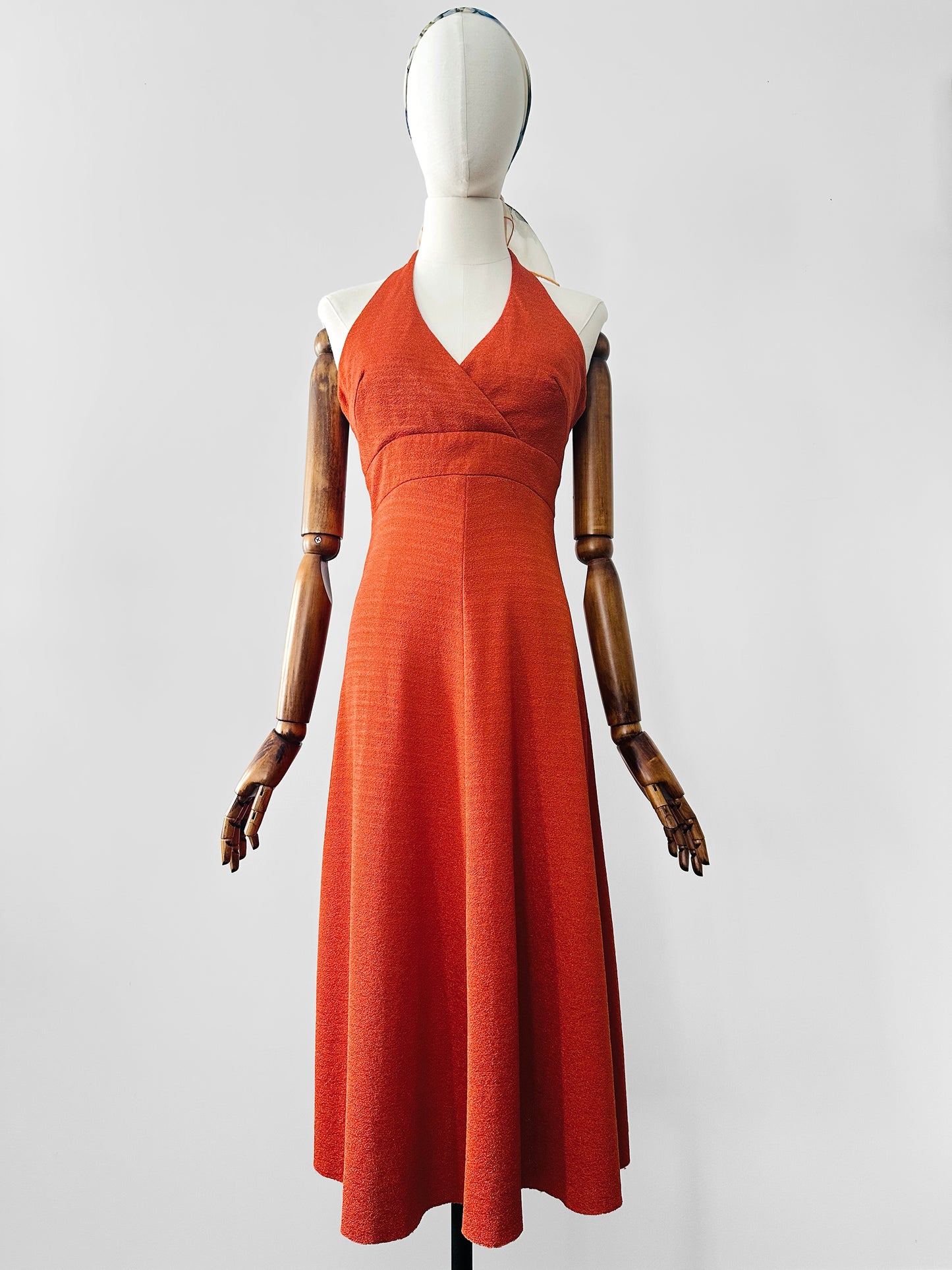 Vintage 1970s Burnt Tangerine Midi-Length Halter Dress - Sz. S/M