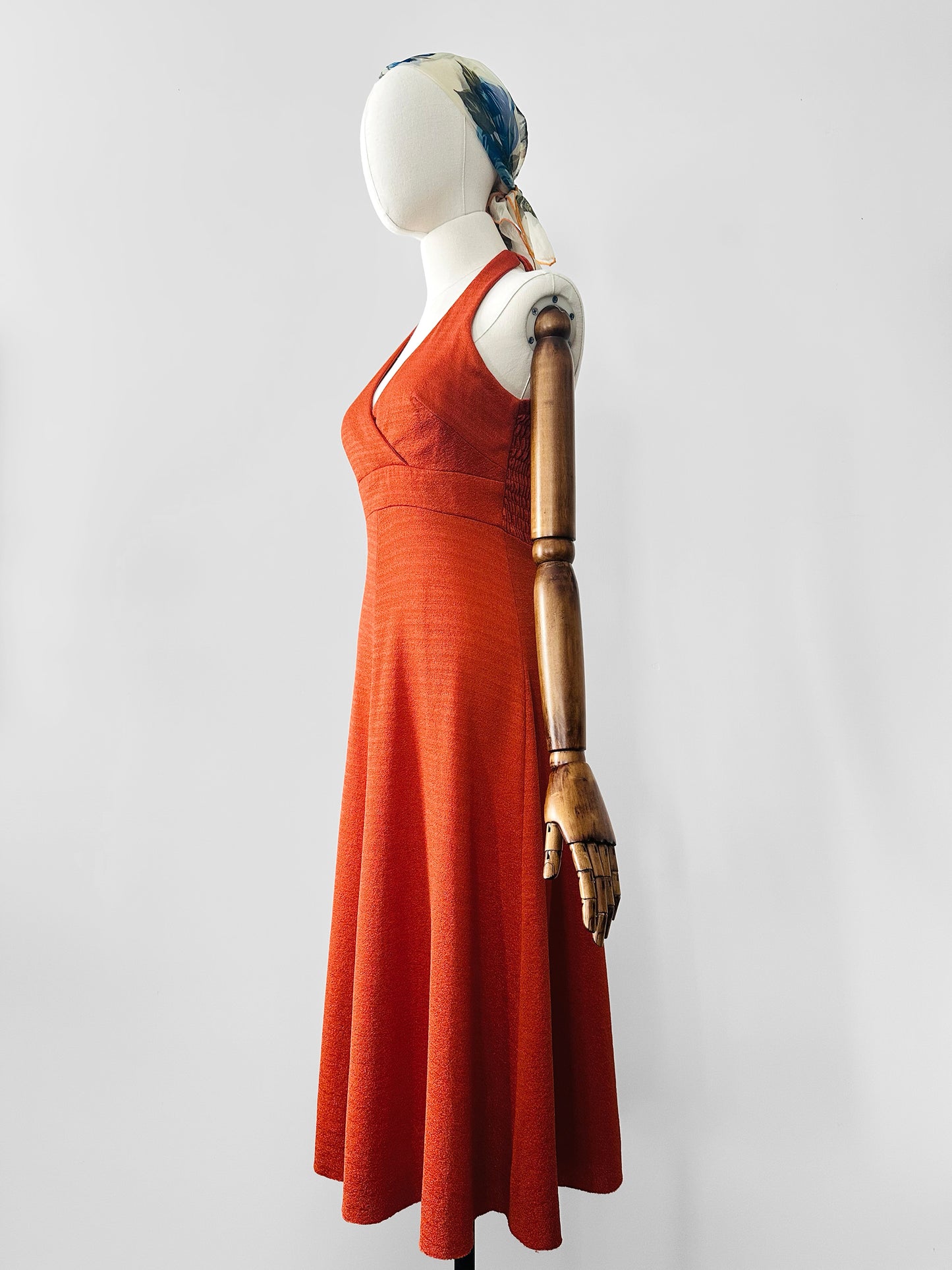 Vintage 1970s Burnt Tangerine Midi-Length Halter Dress - Sz. S/M