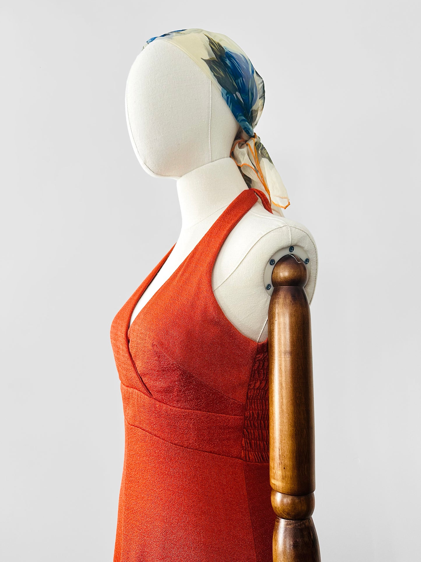 Vintage 1970s Burnt Tangerine Midi-Length Halter Dress - Sz. S/M