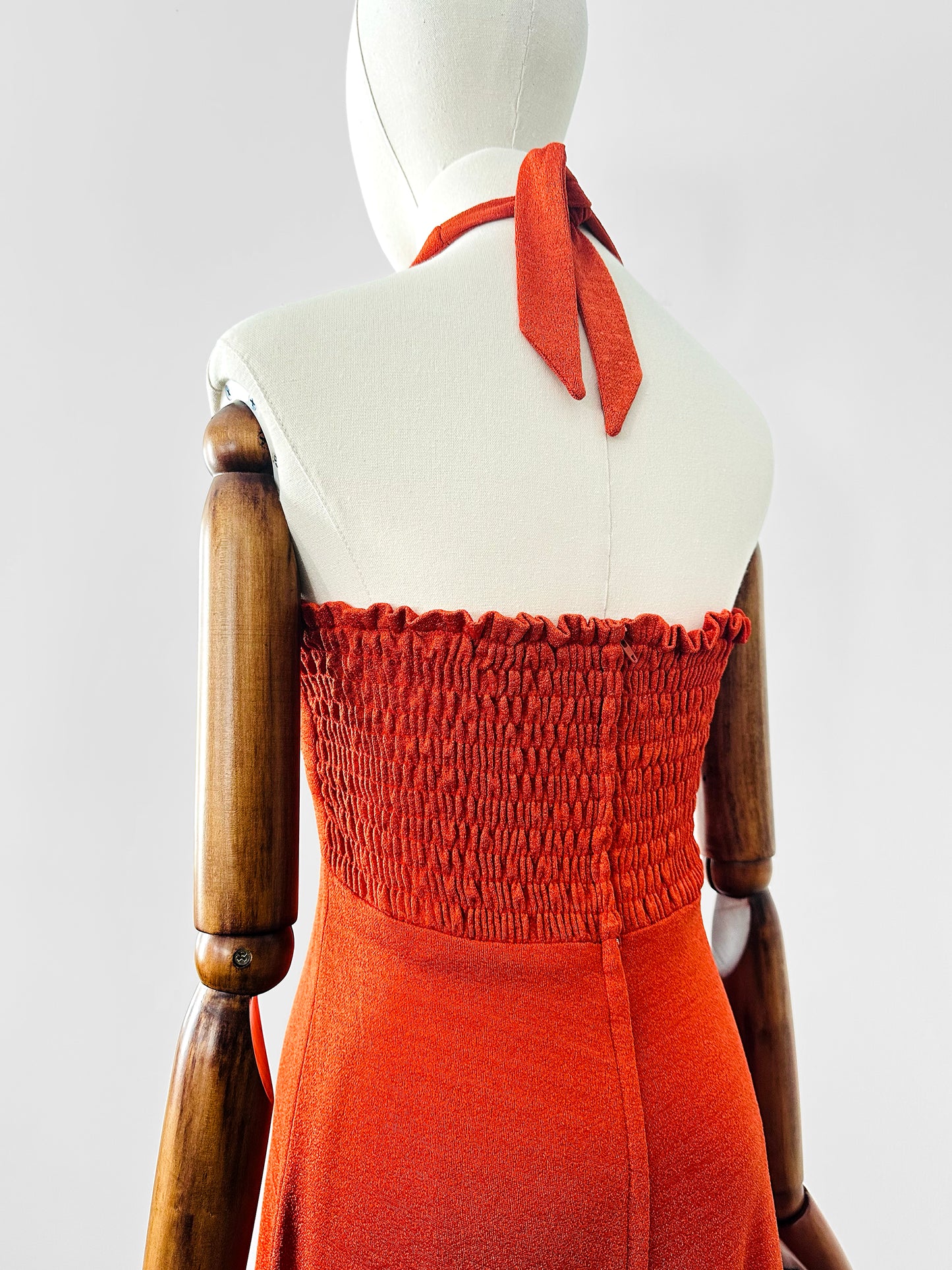 Vintage 1970s Burnt Tangerine Midi-Length Halter Dress - Sz. S/M
