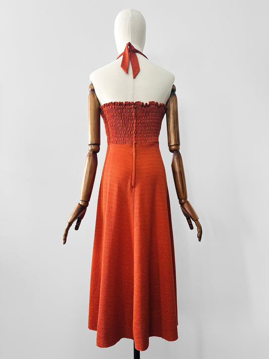 Vintage 1970s Burnt Tangerine Midi-Length Halter Dress - Sz. S/M