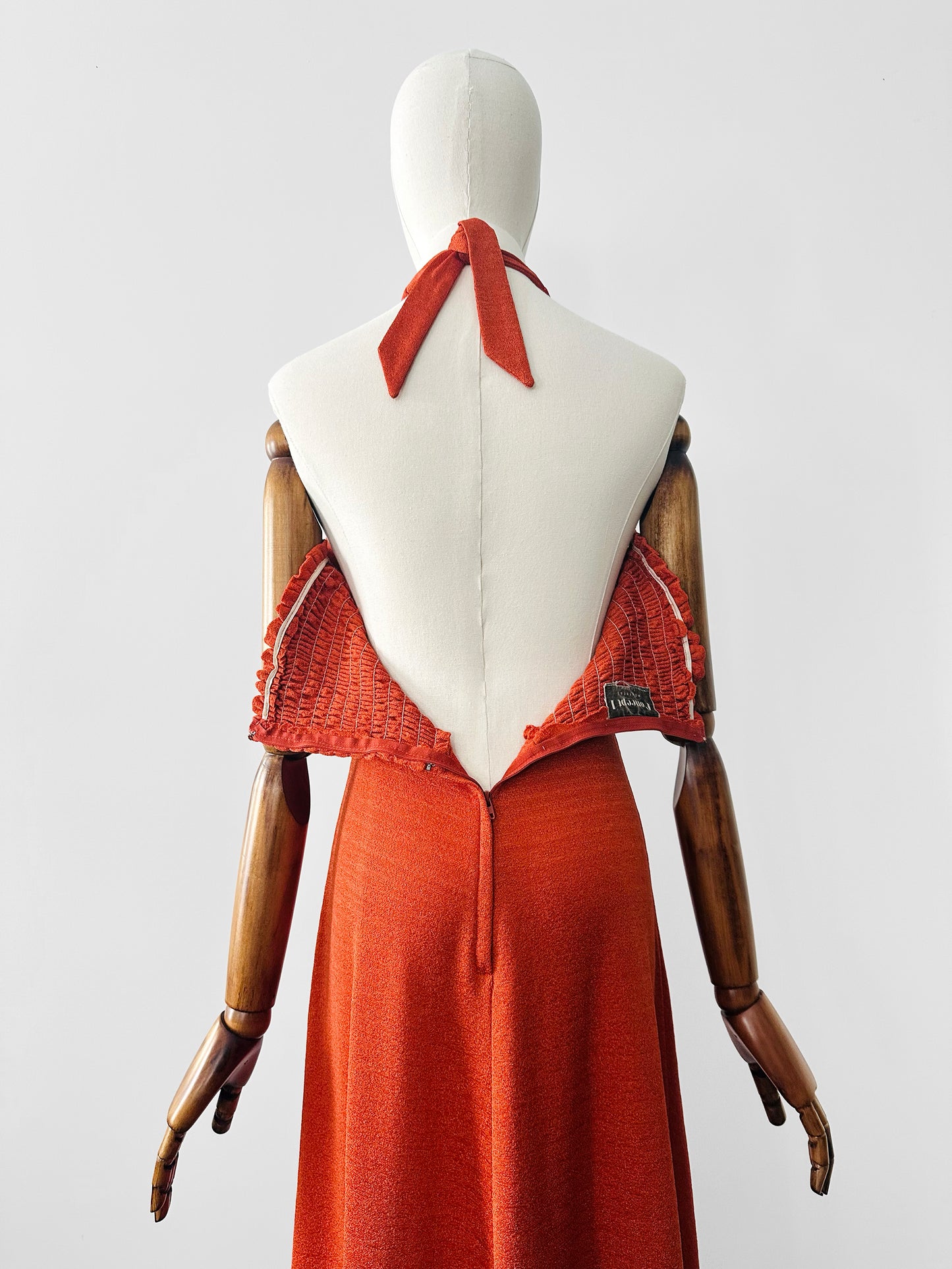 Vintage 1970s Burnt Tangerine Midi-Length Halter Dress - Sz. S/M