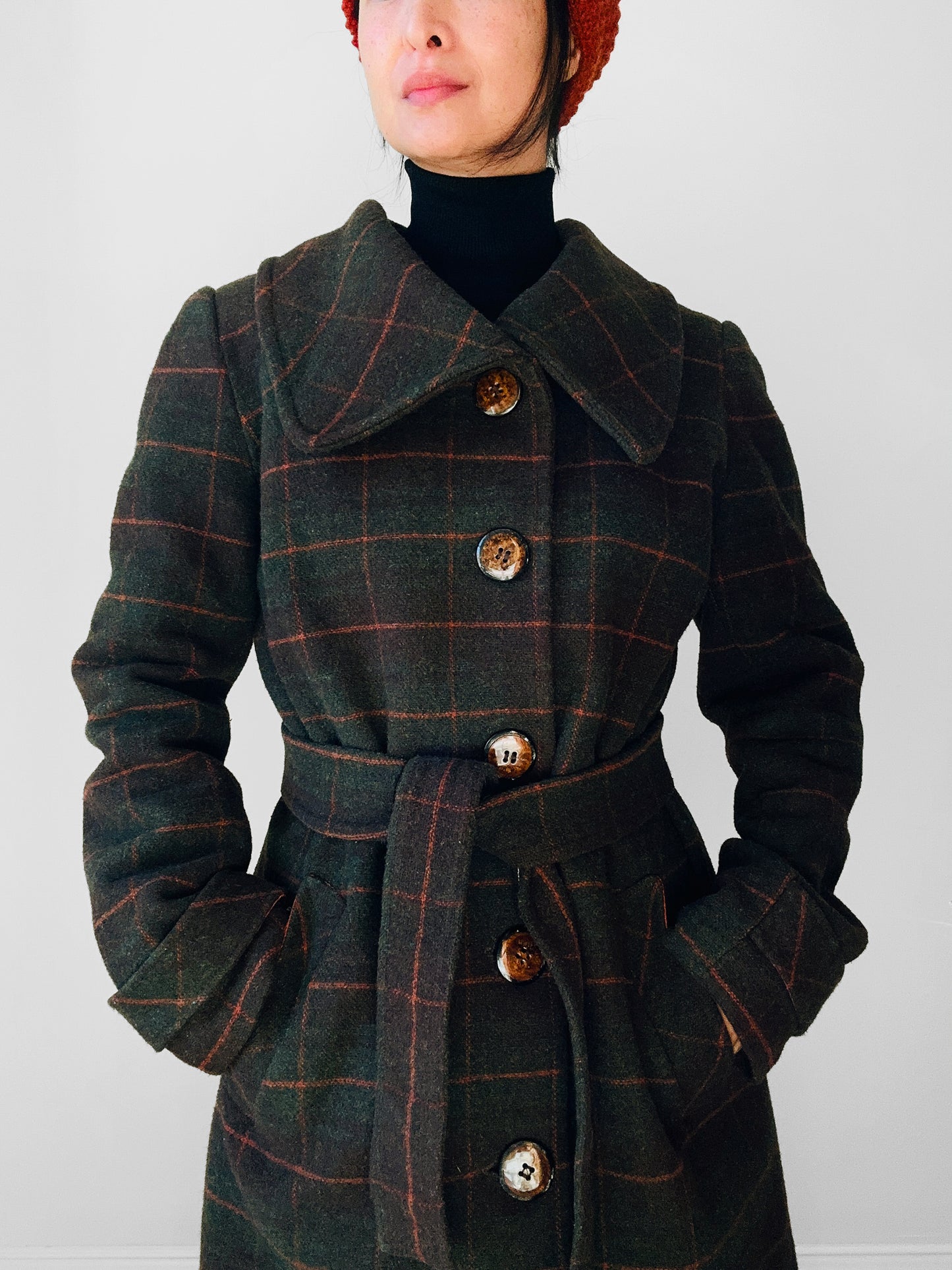 1960s Green and Burnt Orange Plaid Wool Belted Coat - Sz. Small