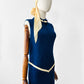 Vintage 1970s Sapphire Blue with Cream Trim Zippered Designer Knitted Jersey Dress with Belted Collar Detail - Sz. S