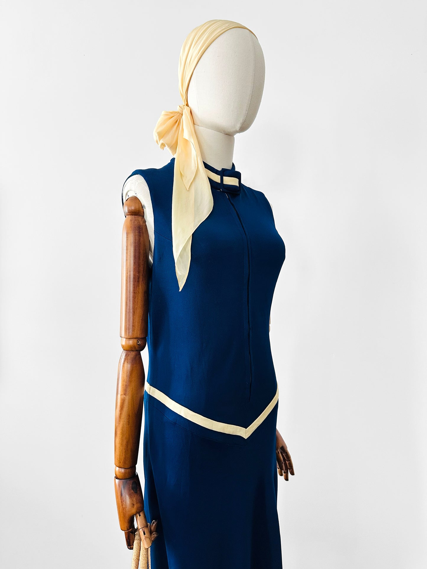Vintage 1970s Sapphire Blue with Cream Trim Zippered Designer Knitted Jersey Dress with Belted Collar Detail - Sz. S