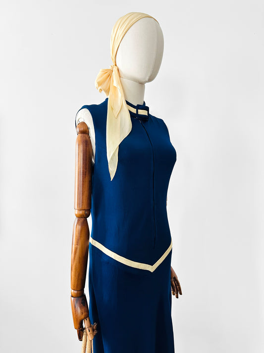 Vintage 1970s Sapphire Blue with Cream Trim Zippered Designer Knitted Jersey Dress with Belted Collar Detail - Sz. S