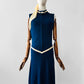 Vintage 1970s Sapphire Blue with Cream Trim Zippered Designer Knitted Jersey Dress with Belted Collar Detail - Sz. S