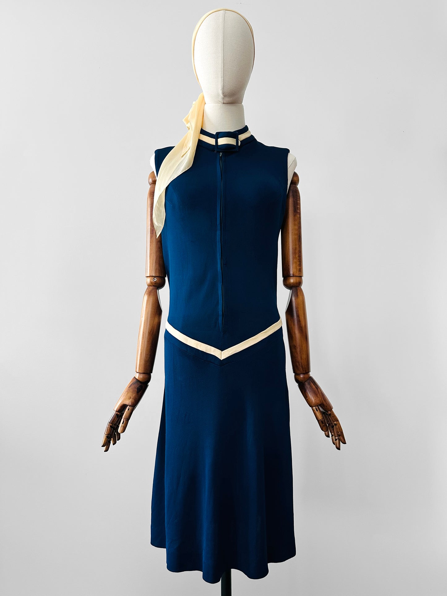 Vintage 1970s Sapphire Blue with Cream Trim Zippered Designer Knitted Jersey Dress with Belted Collar Detail - Sz. S