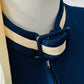 Vintage 1970s Sapphire Blue with Cream Trim Zippered Designer Knitted Jersey Dress with Belted Collar Detail - Sz. S