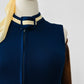 Vintage 1970s Sapphire Blue with Cream Trim Zippered Designer Knitted Jersey Dress with Belted Collar Detail - Sz. S