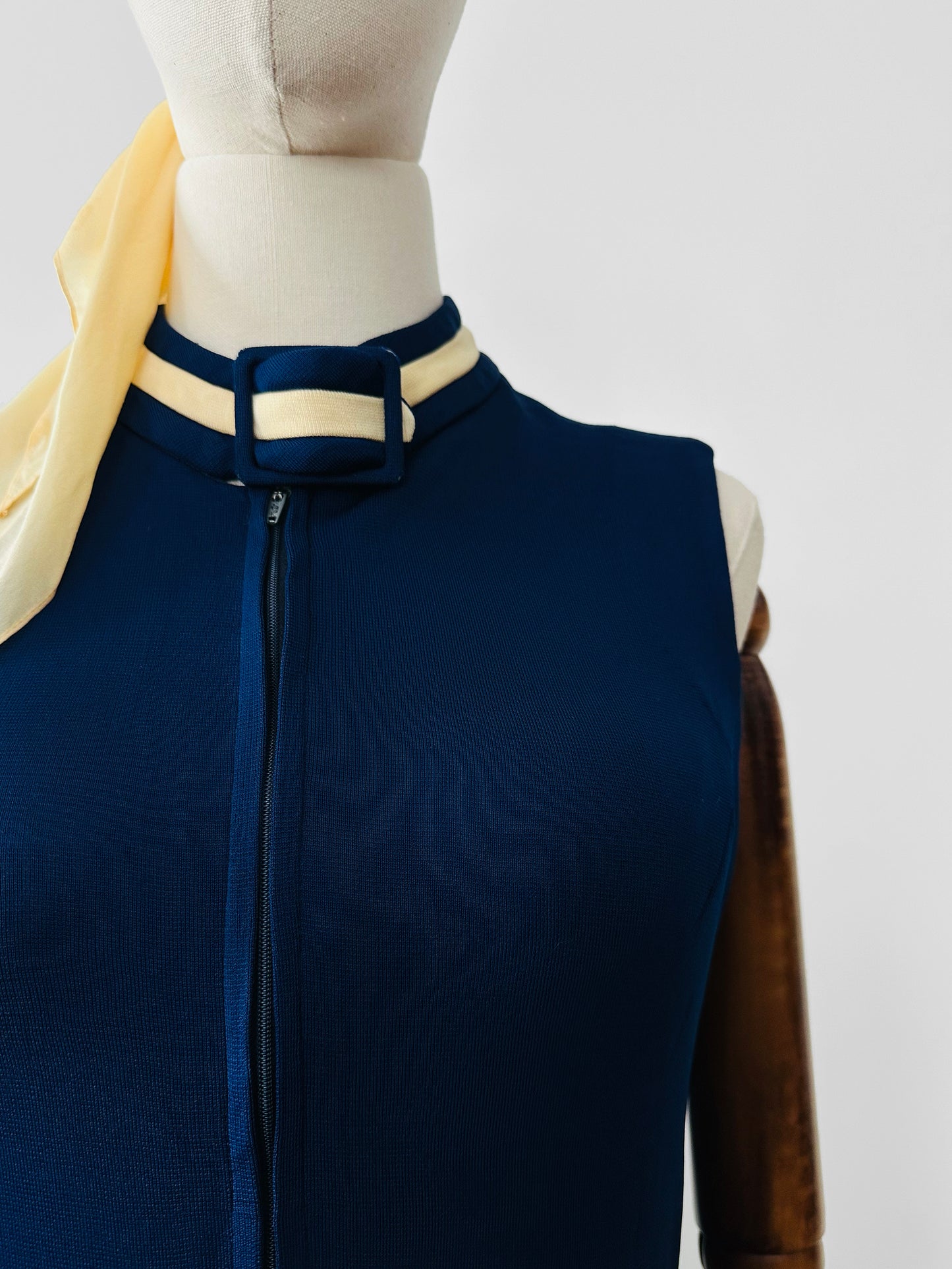 Vintage 1970s Sapphire Blue with Cream Trim Zippered Designer Knitted Jersey Dress with Belted Collar Detail - Sz. S