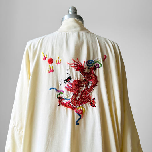 1980s Cream Dragon Embroidered Drape Top - Sz. O/S