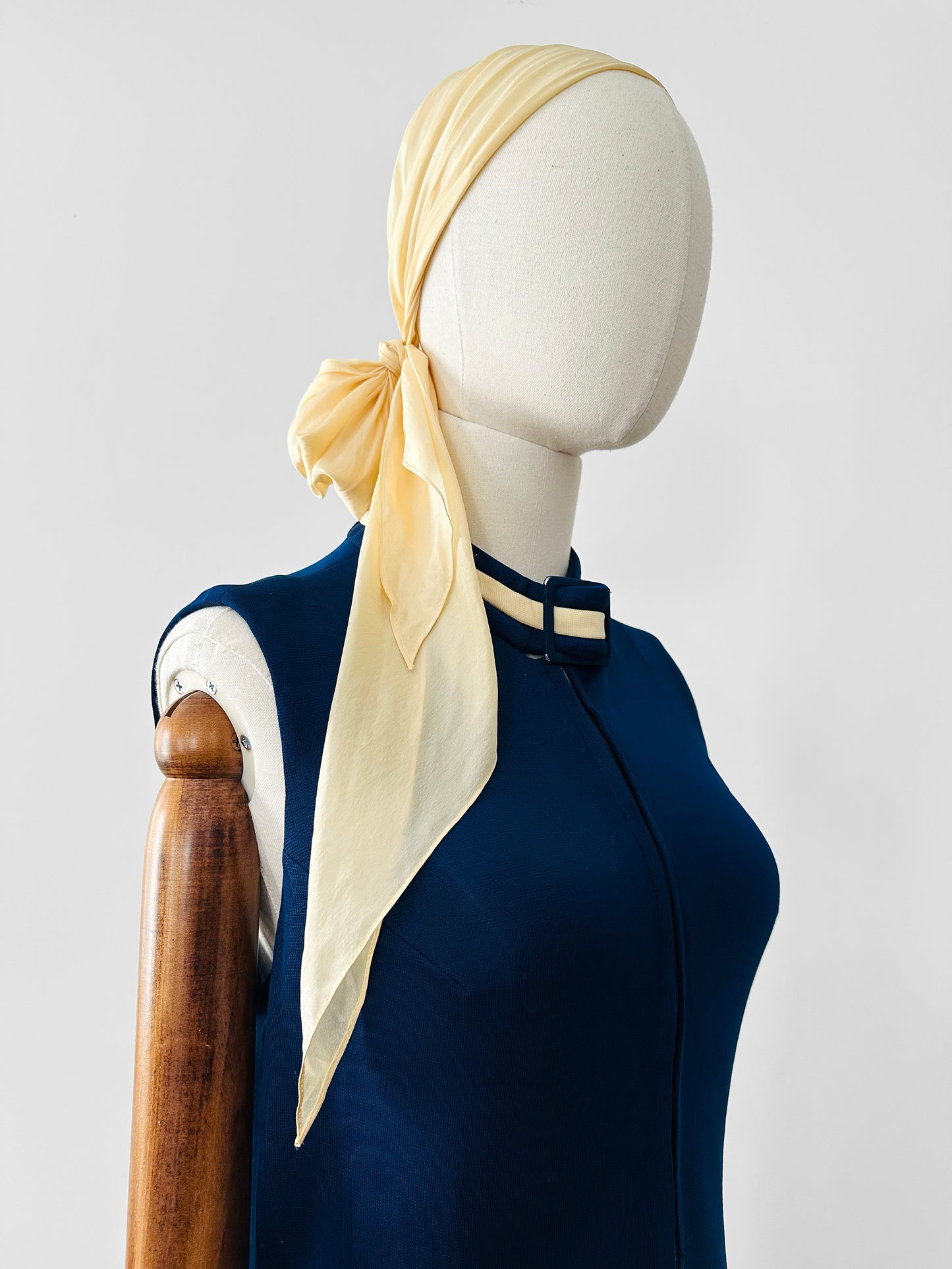 Vintage 1970s Sapphire Blue with Cream Trim Zippered Designer Knitted Jersey Dress with Belted Collar Detail - Sz. S