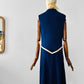 Vintage 1970s Sapphire Blue with Cream Trim Zippered Designer Knitted Jersey Dress with Belted Collar Detail - Sz. S