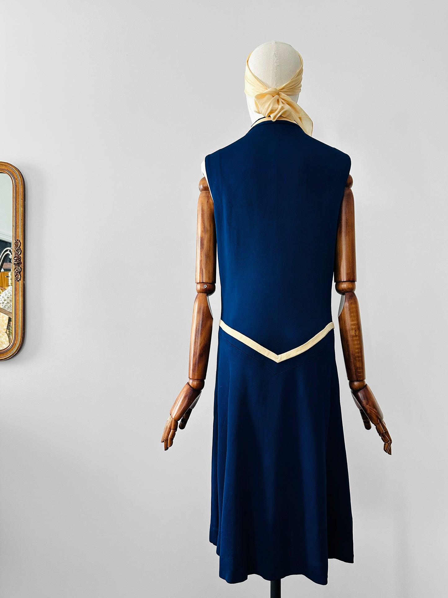 Vintage 1970s Sapphire Blue with Cream Trim Zippered Designer Knitted Jersey Dress with Belted Collar Detail - Sz. S