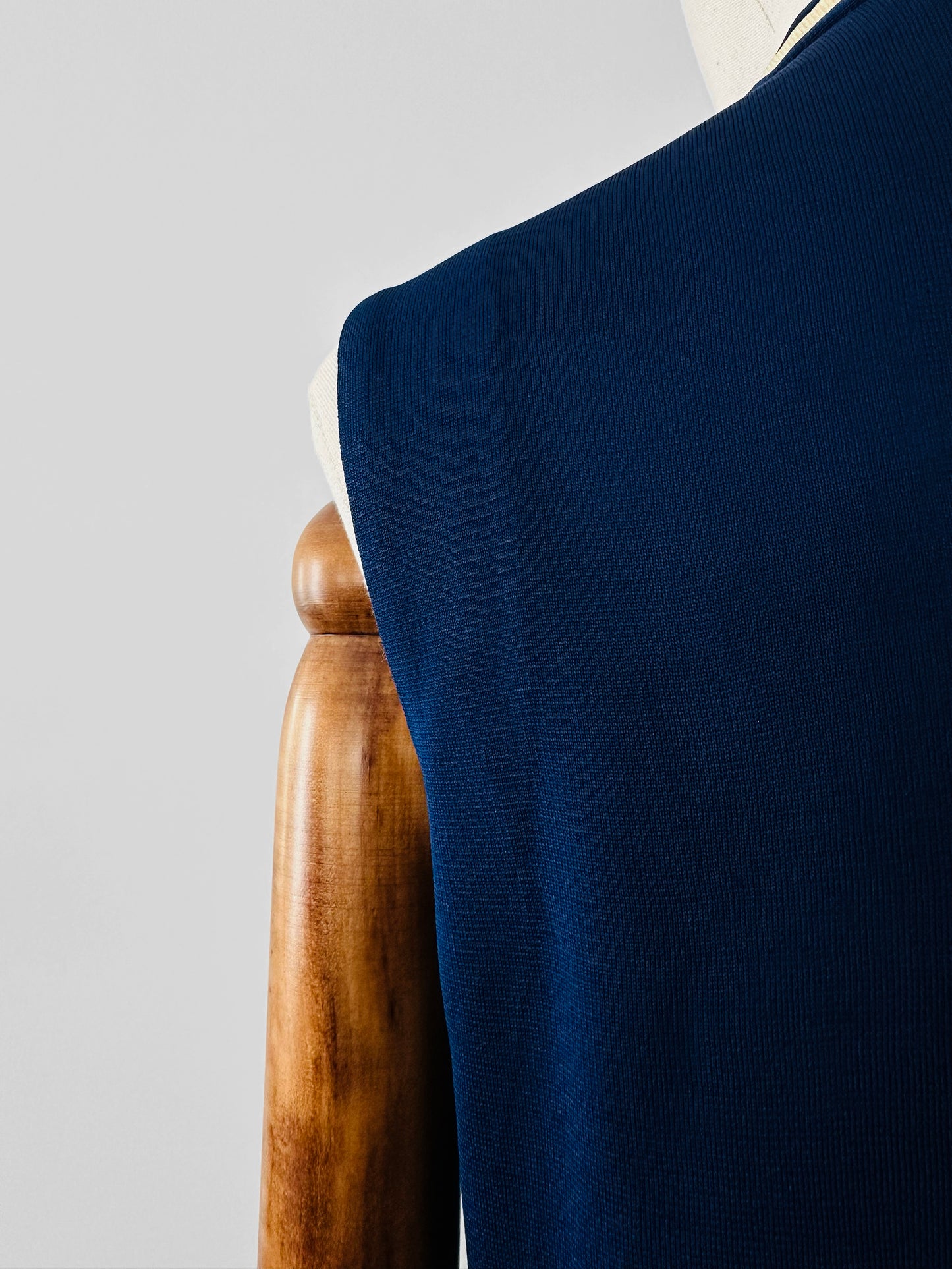 Vintage 1970s Sapphire Blue with Cream Trim Zippered Designer Knitted Jersey Dress with Belted Collar Detail - Sz. S