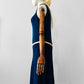 Vintage 1970s Sapphire Blue with Cream Trim Zippered Designer Knitted Jersey Dress with Belted Collar Detail - Sz. S