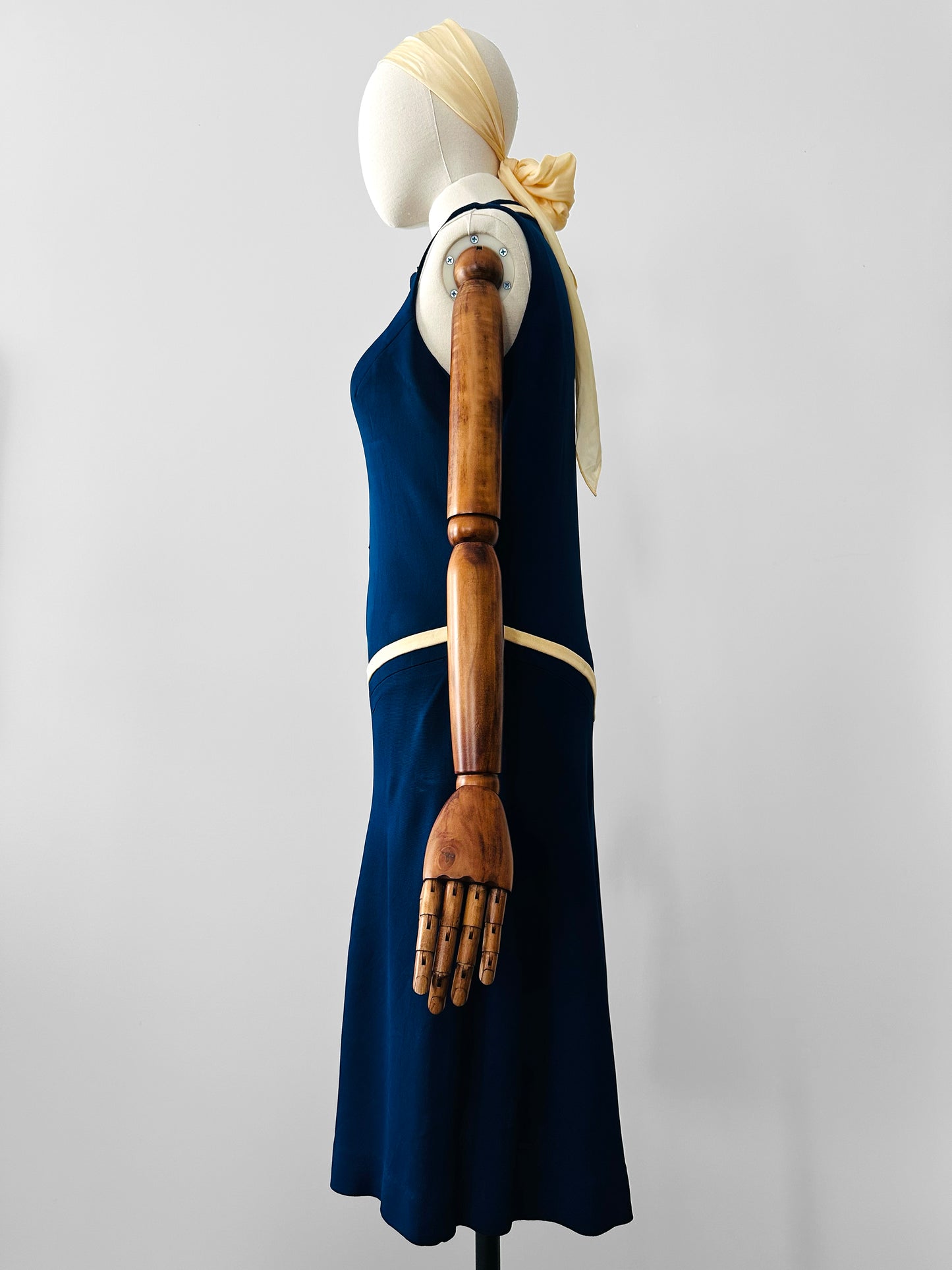 Vintage 1970s Sapphire Blue with Cream Trim Zippered Designer Knitted Jersey Dress with Belted Collar Detail - Sz. S