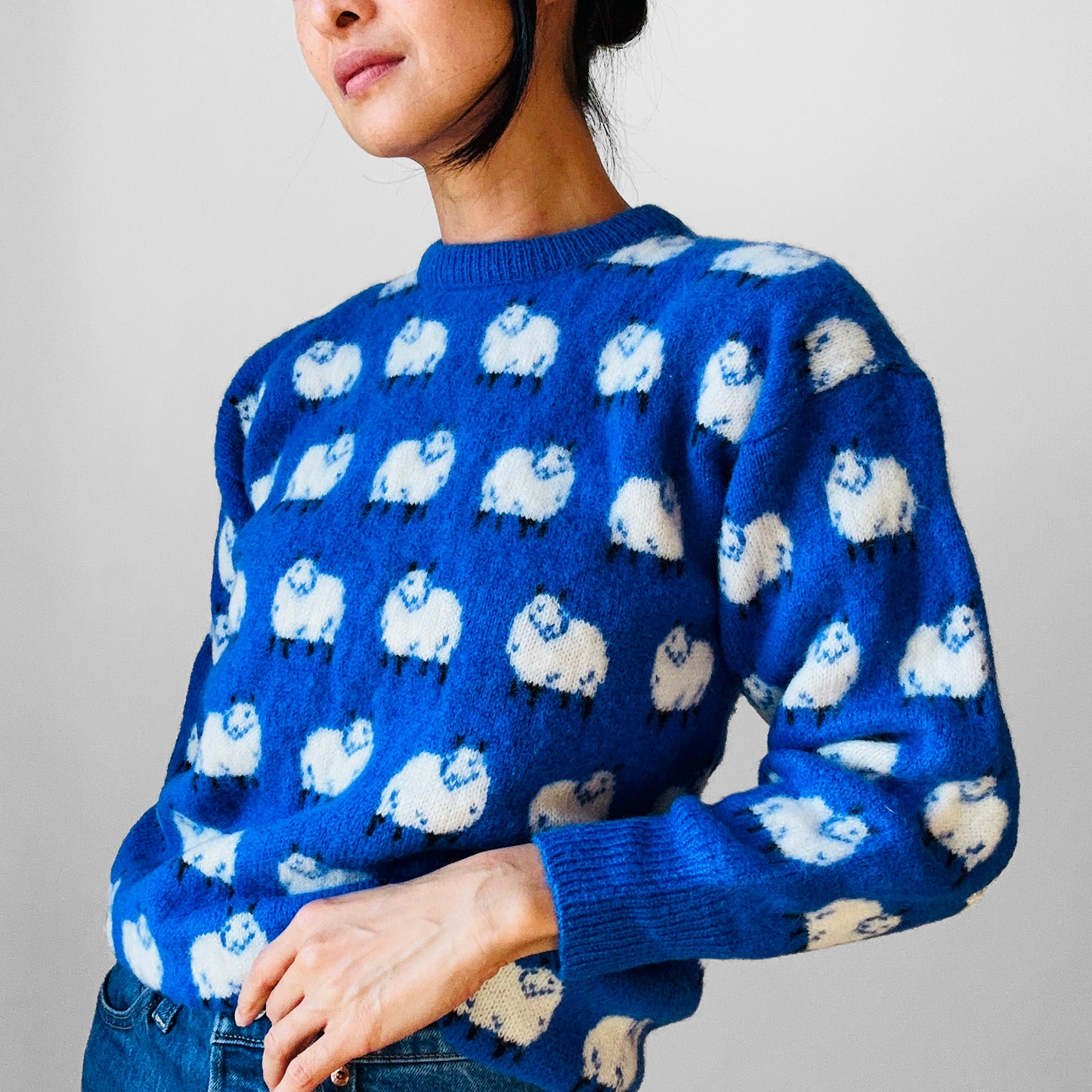 Hand Mended Blue and White Sheep Wool Pullover Sweater - XS/S