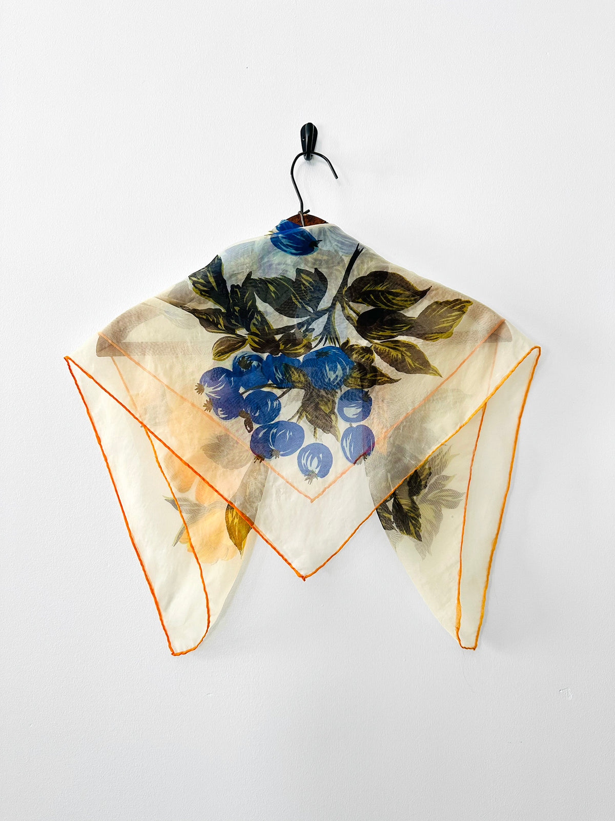 Vintage 1960s Blue and Mustard Orange Floral Sheer Scarf Kerchief