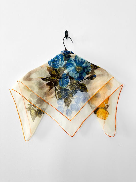 Vintage 1960s Blue and Mustard Orange Floral Sheer Scarf Kerchief