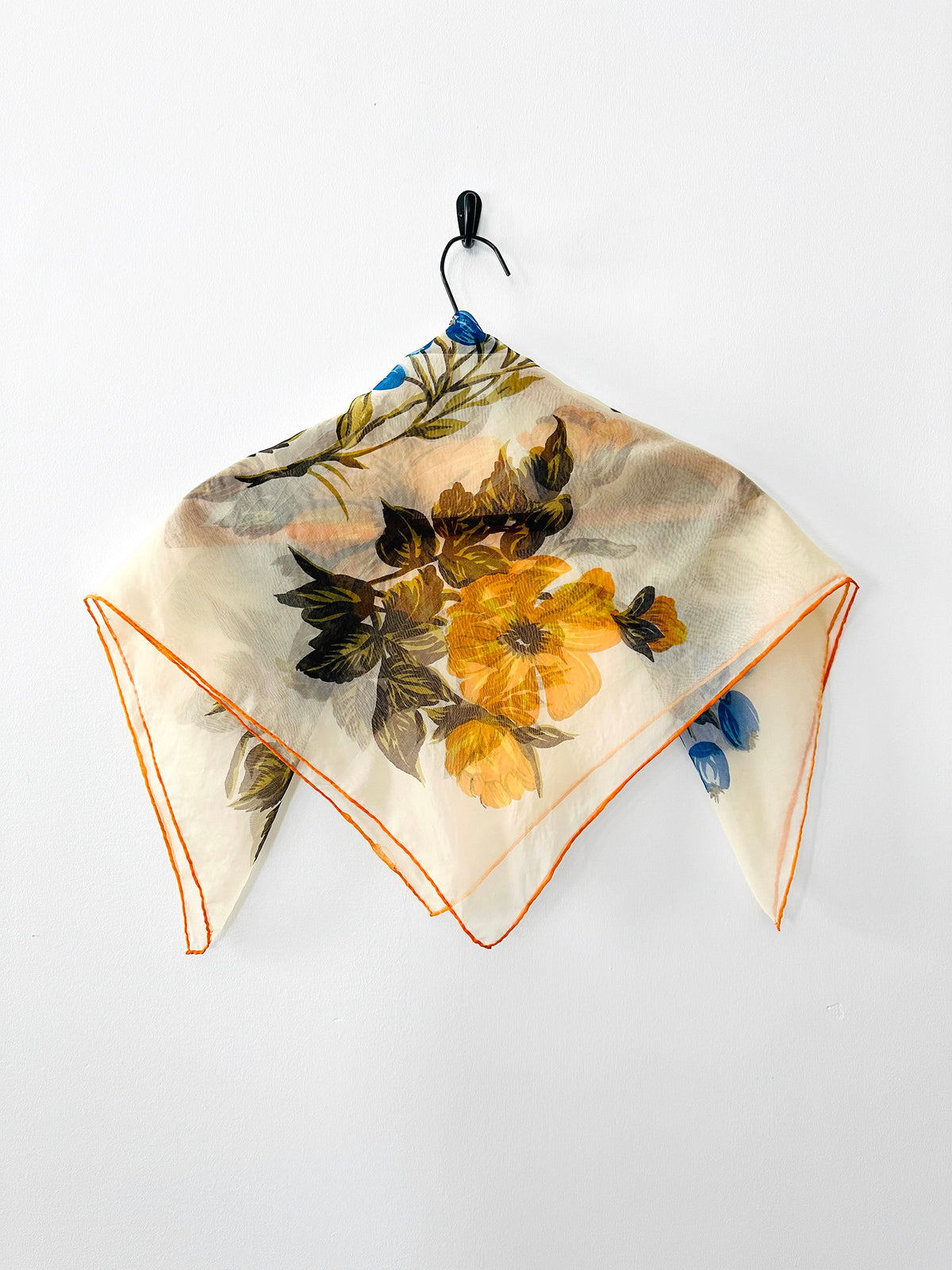 Vintage 1960s Blue and Mustard Orange Floral Sheer Scarf Kerchief