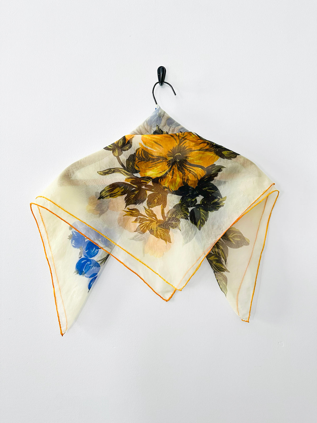 Vintage 1960s Blue and Mustard Orange Floral Sheer Scarf Kerchief