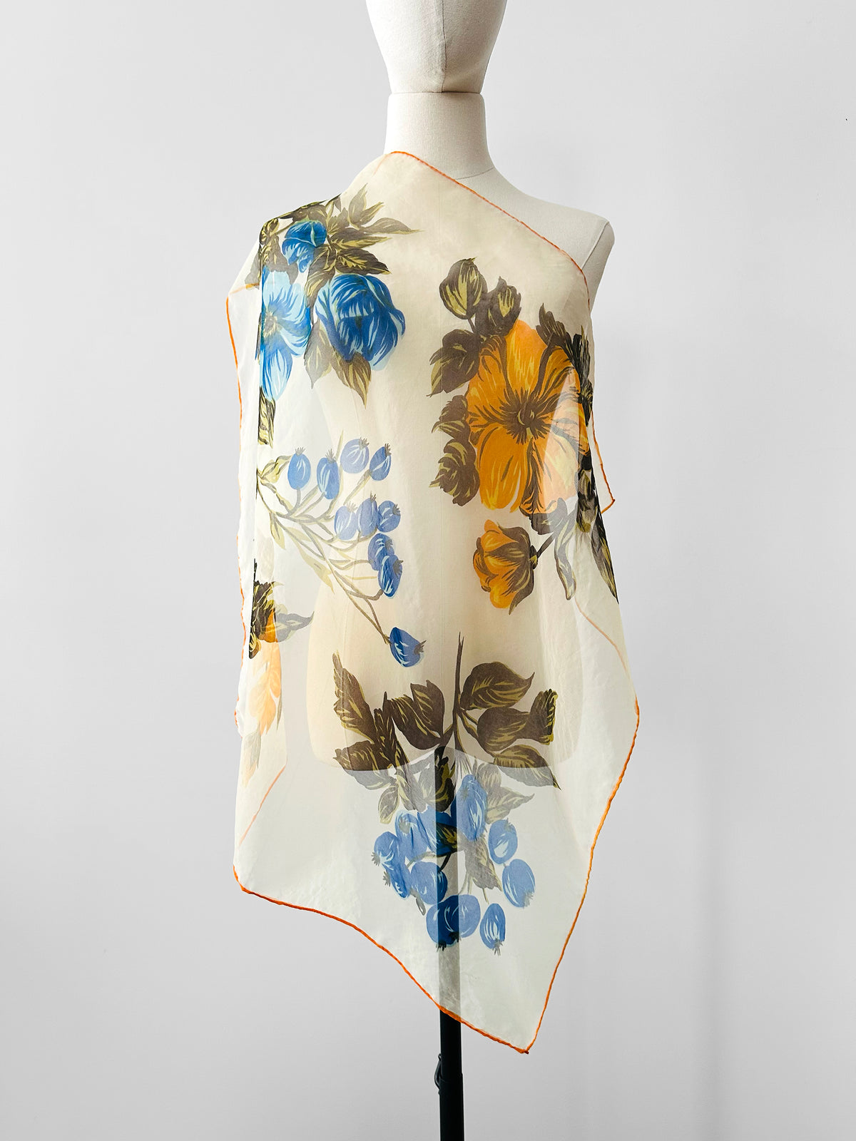 Vintage 1960s Blue and Mustard Orange Floral Sheer Scarf Kerchief