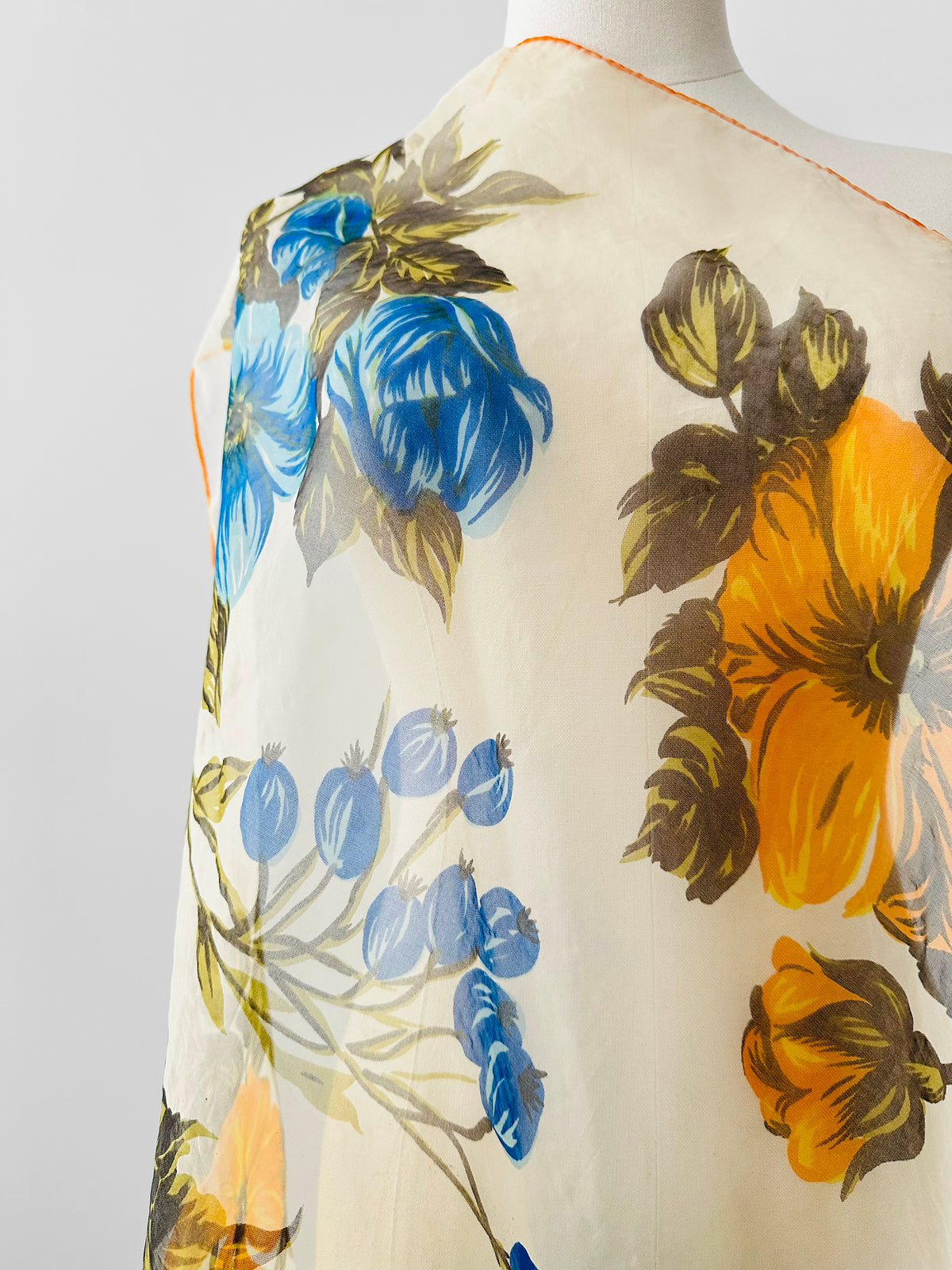 Vintage 1960s Blue and Mustard Orange Floral Sheer Scarf Kerchief