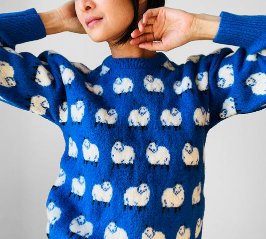 Hand Mended Blue and White Sheep Wool Pullover Sweater - XS/S