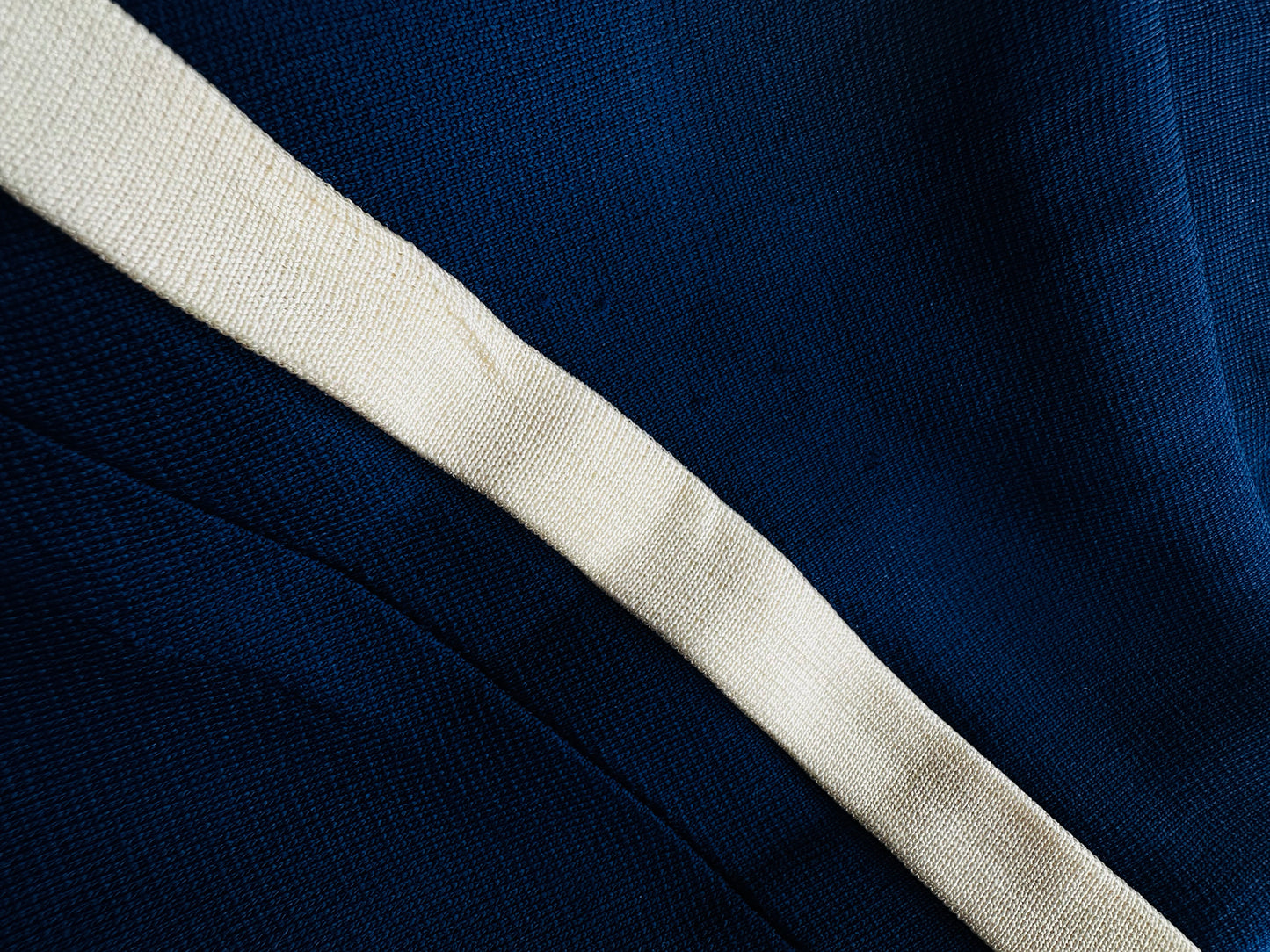 Vintage 1970s Sapphire Blue with Cream Trim Zippered Designer Knitted Jersey Dress with Belted Collar Detail - Sz. S