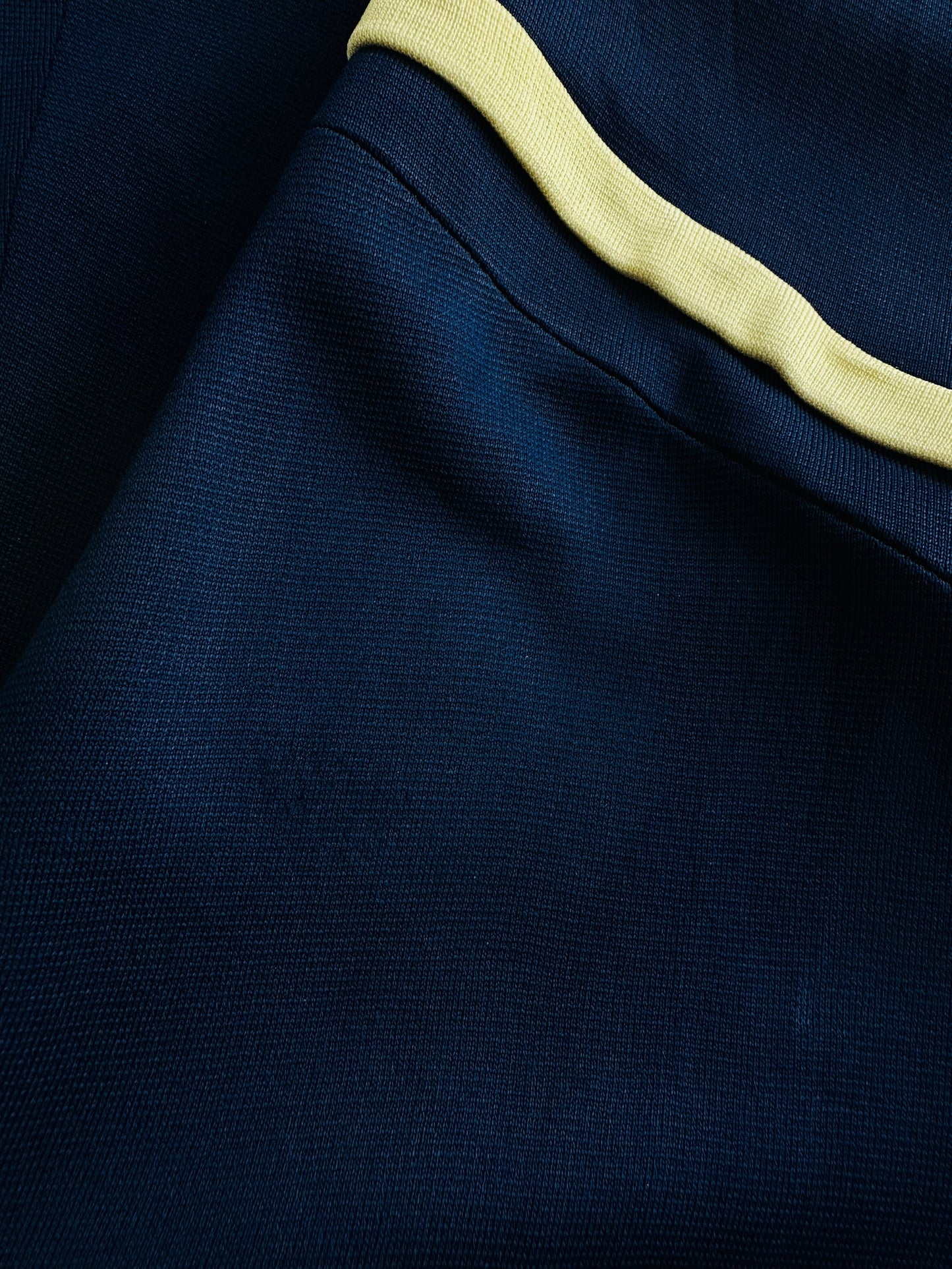 Vintage 1970s Sapphire Blue with Cream Trim Zippered Designer Knitted Jersey Dress with Belted Collar Detail - Sz. S